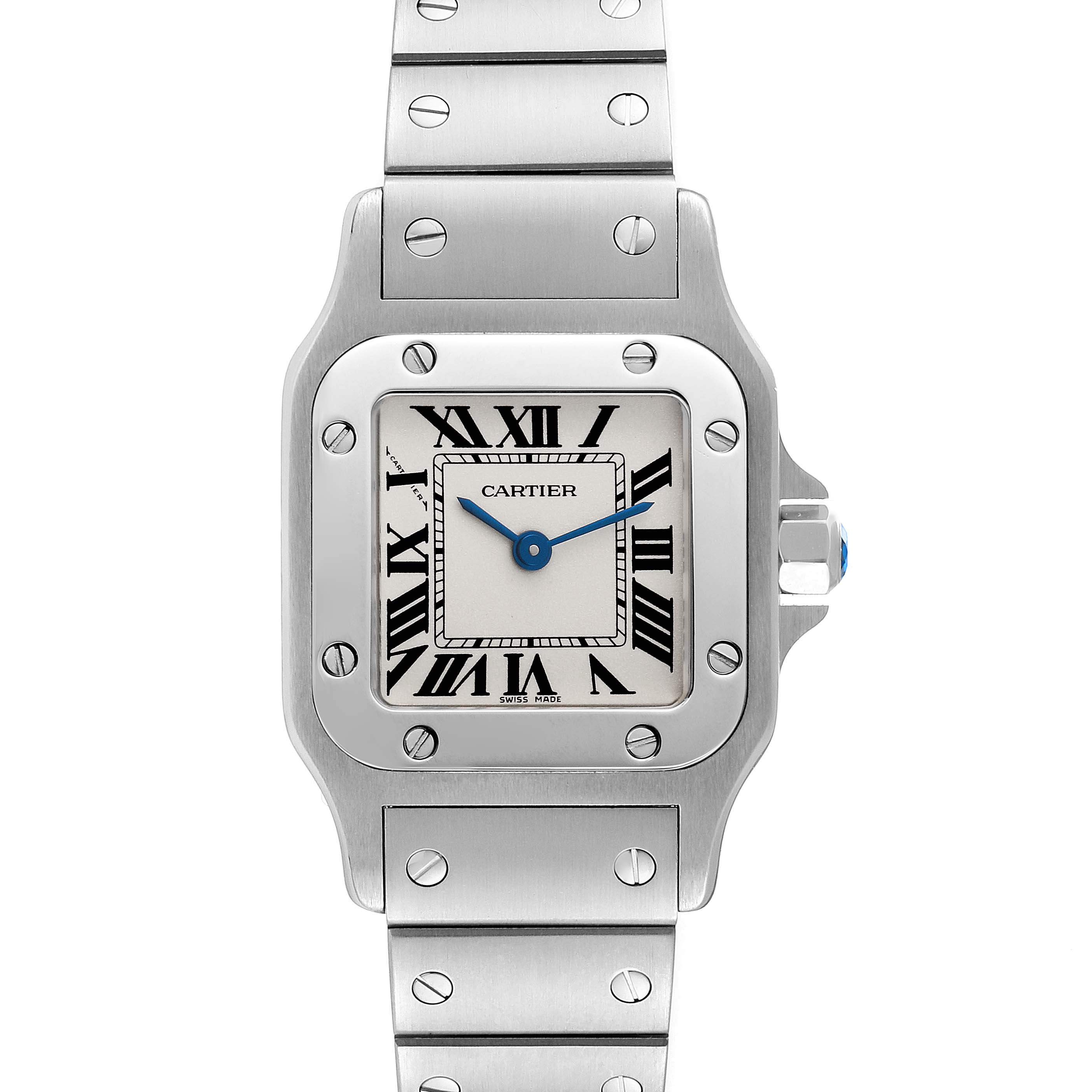 This image shows a front view of the Cartier Santos W20056D6 Women's Stainless Steel Silver Dial W20056D6 Women's Stainless Steel Silver Dial watch, displaying its square face, Roman numerals, and metal band.