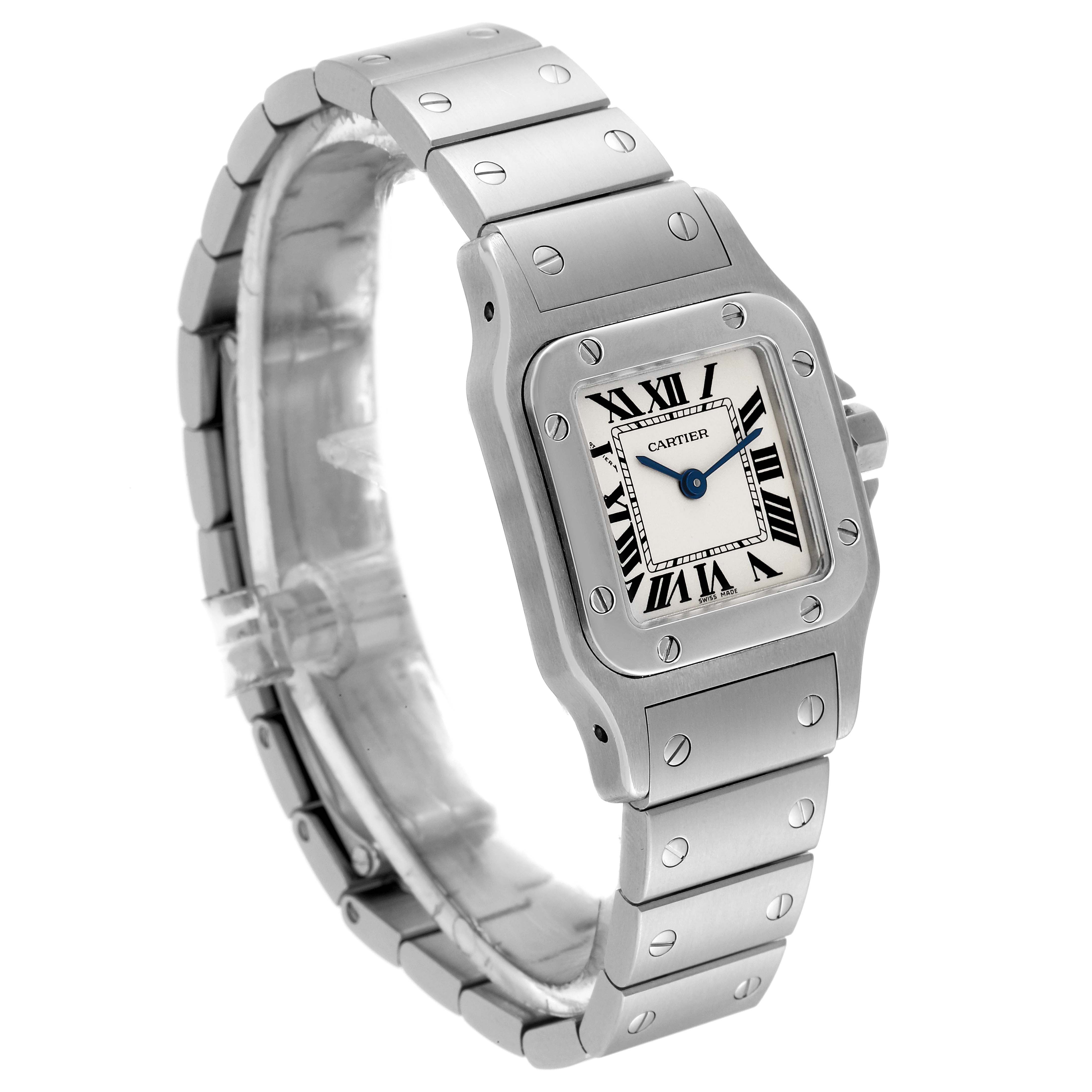 The image shows a Cartier Santos W20056D6 Women's Stainless Steel Silver Dial W20056D6 Women's Stainless Steel Silver Dial watch, featuring its face, bezel, and metal bracelet from an angled side view.