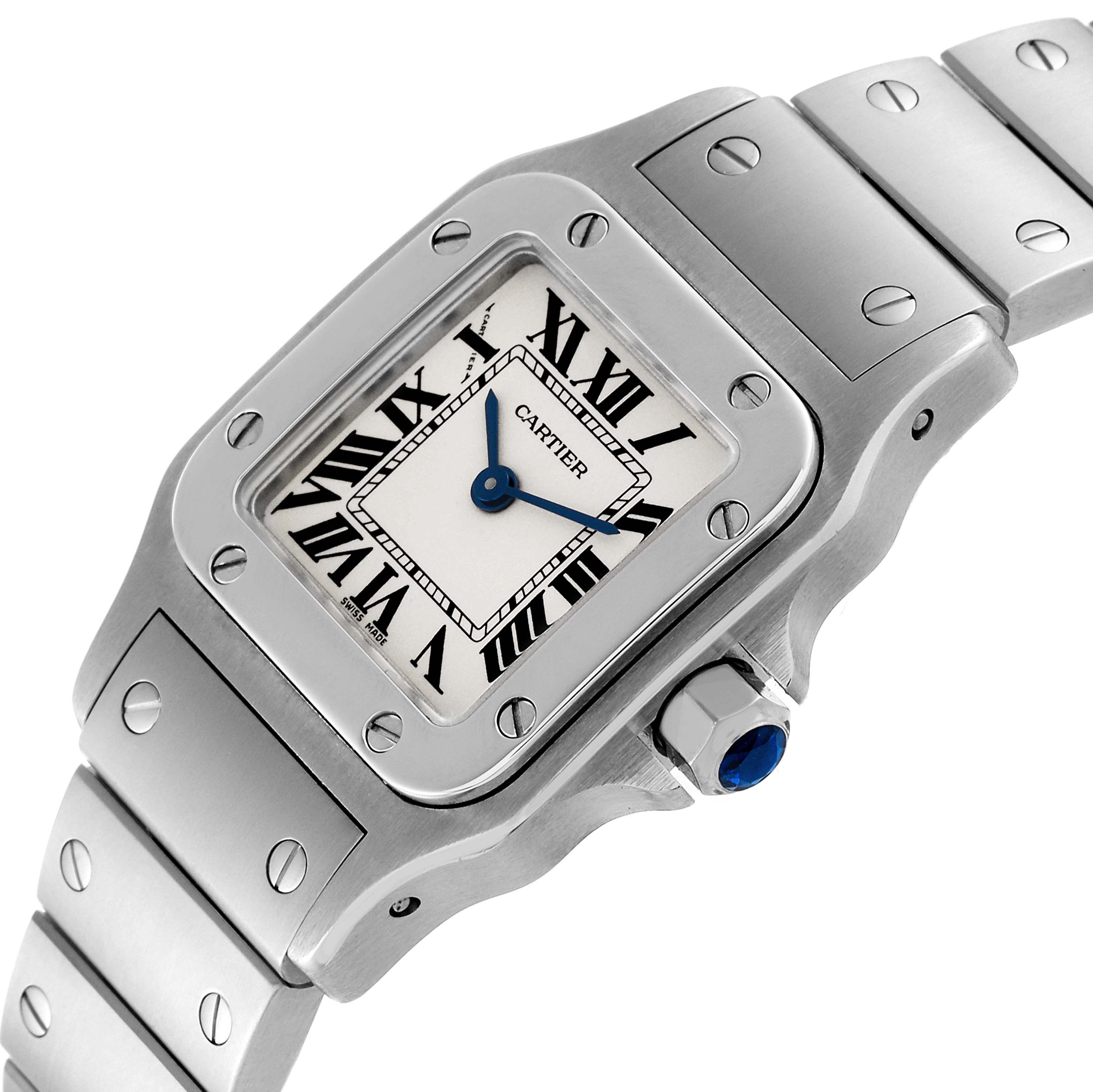 The image shows a close-up angled view of the Cartier Santos W20056D6 Women's Stainless Steel Silver Dial W20056D6 Women's Stainless Steel Silver Dial watch, highlighting the dial, bezel, crown, and bracelet.