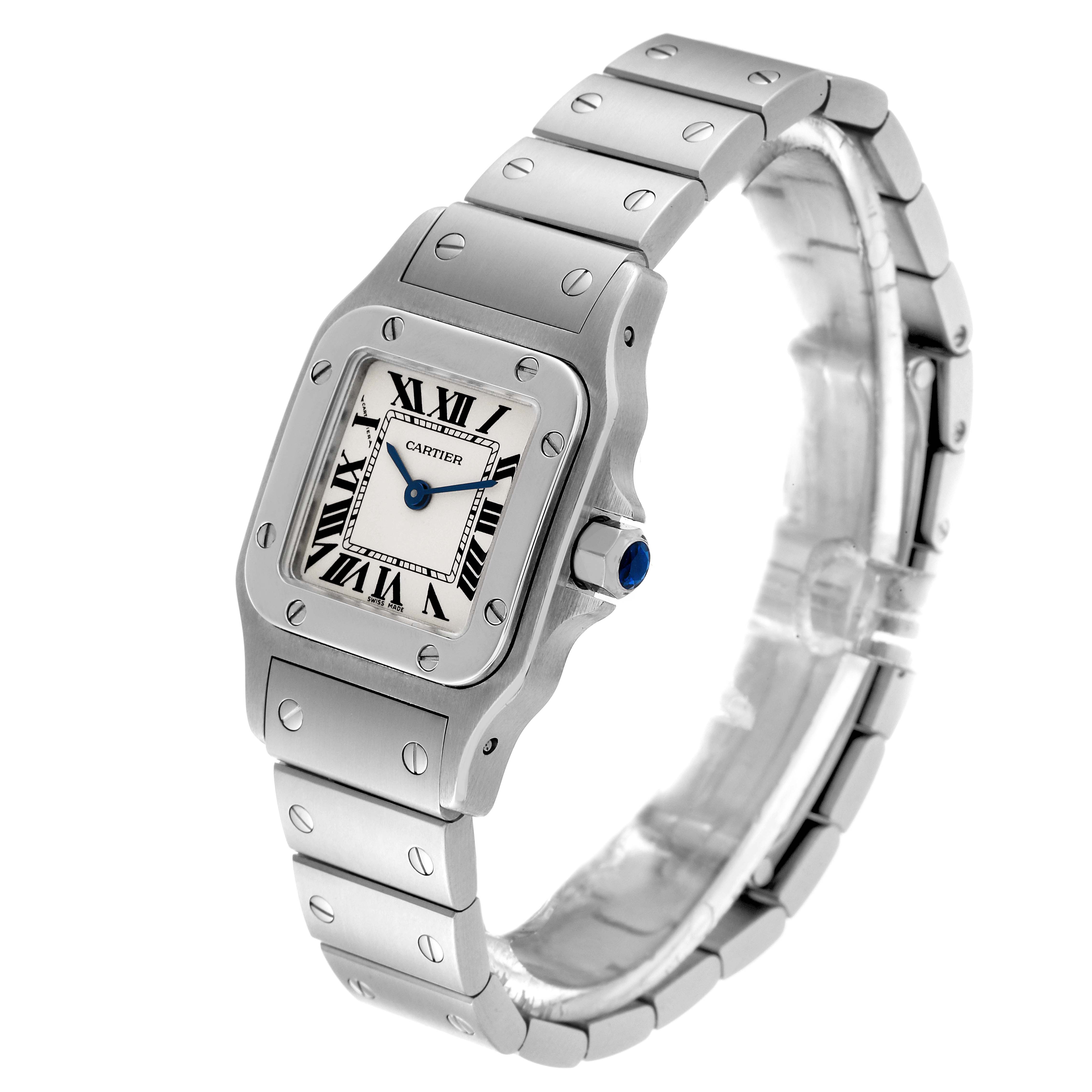 The image shows a Santos model by Cartier from a three-quarter angle, displaying the face, bezel, and part of the bracelet.