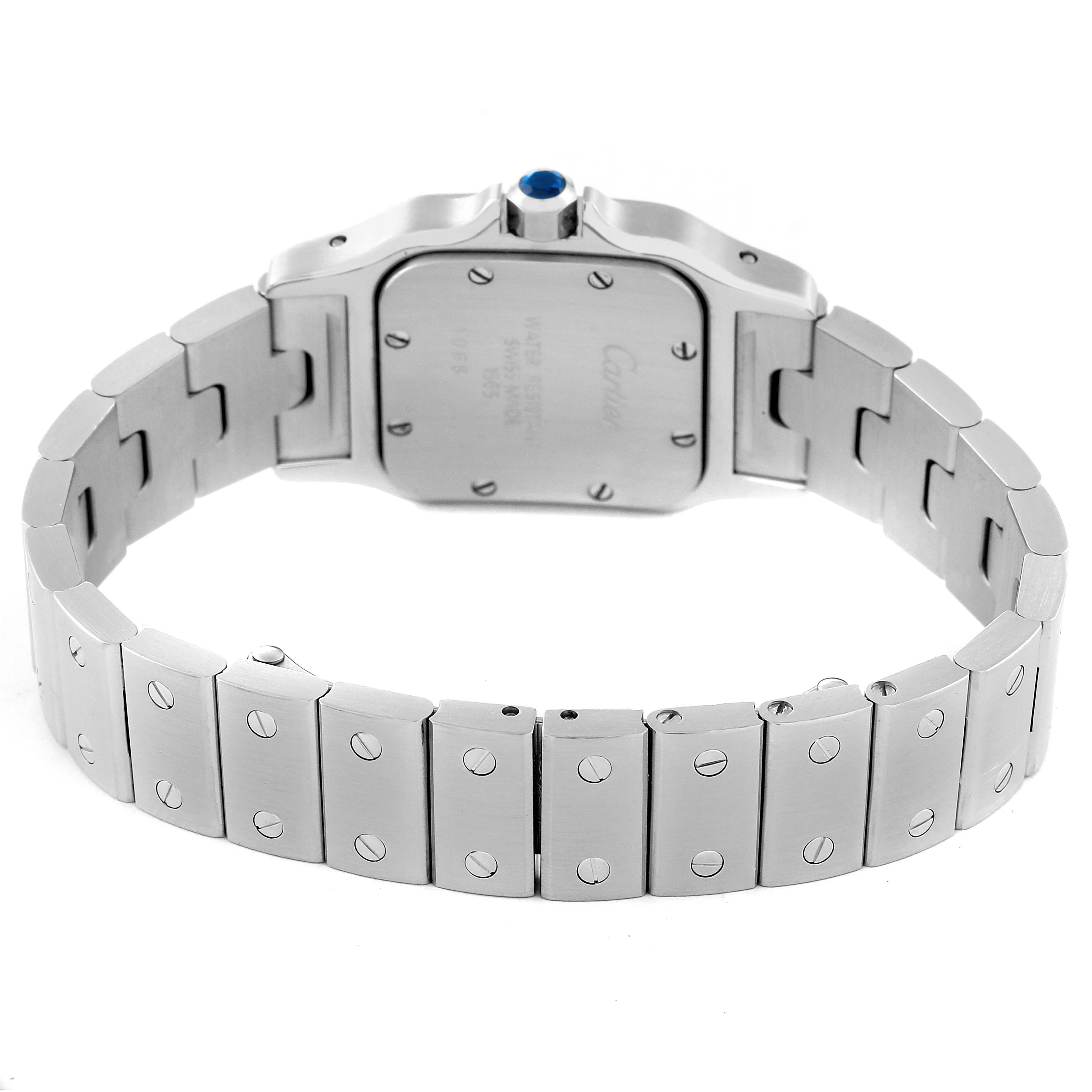 The image shows the backside and bracelet of a Santos model watch by Cartier.