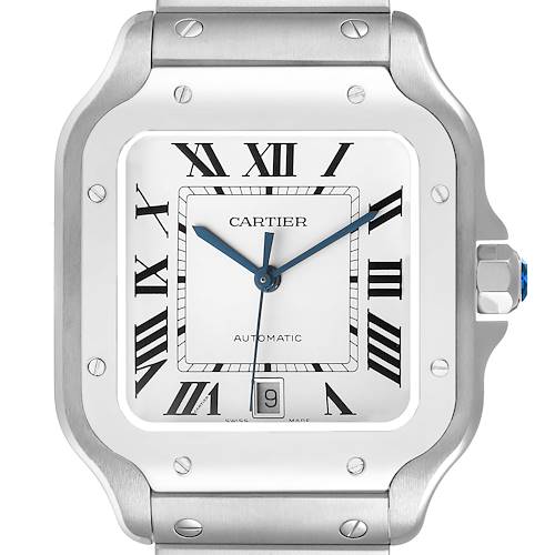 Photo of Cartier Santos Large Silver Dial Steel Mens Watch WSSA0009 Box Card