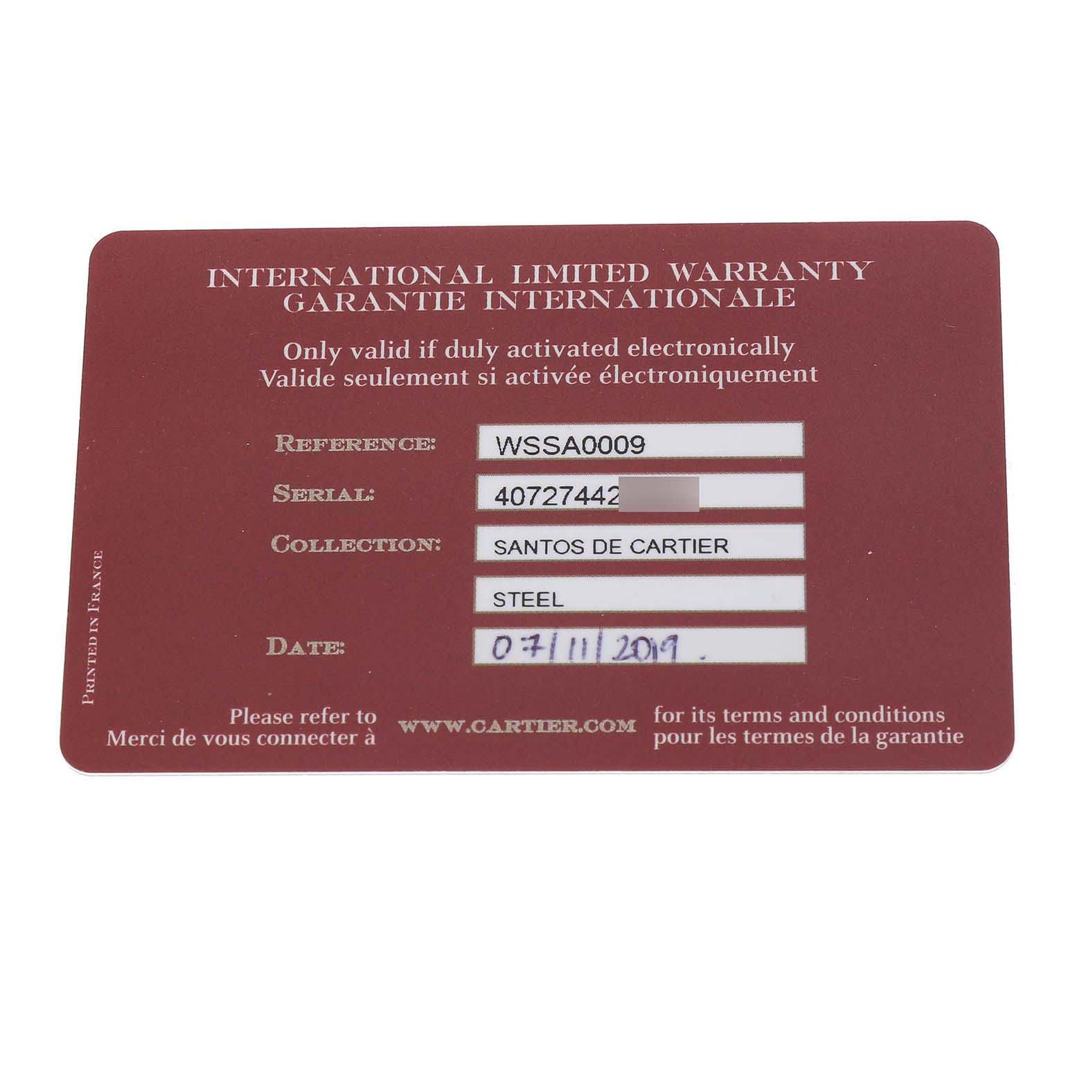 This image shows the warranty card for the Santos model by Cartier, featuring details like reference and serial number.