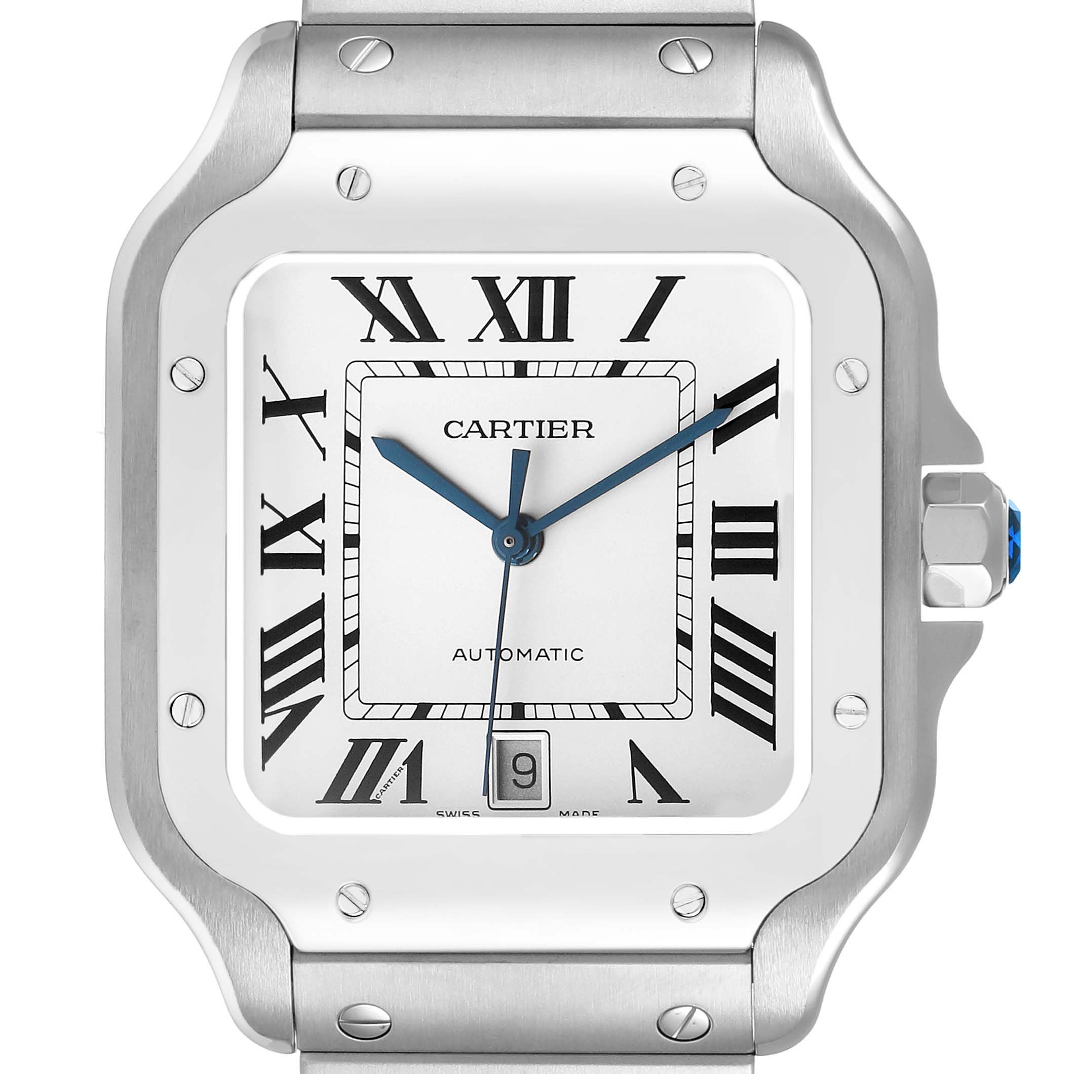 The Cartier Santos WSSA0009 Men's Stainless Steel Silver Dial watch is shown from the front, highlighting its square face with Roman numerals and a date window.