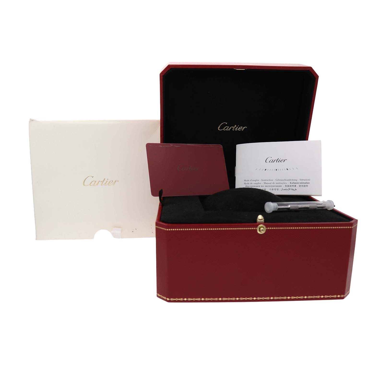 The image shows a Cartier Santos WSSA0009 Men's Stainless Steel Silver Dial watch box with accessories, including a booklet and a tool, at a front angle.