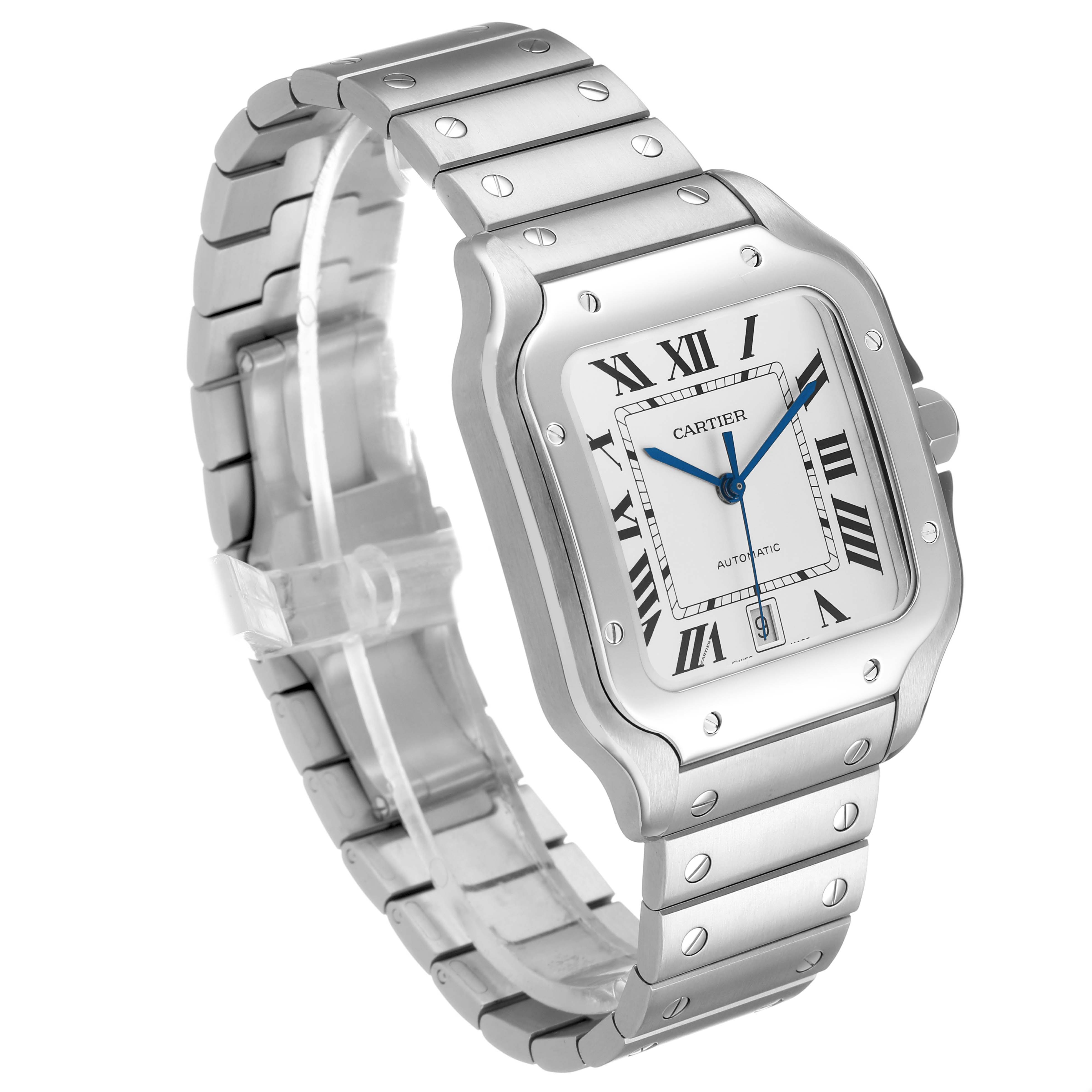 The Cartier Santos WSSA0009 Men's Stainless Steel Silver Dial model watch is shown at an angled view highlighting the face, bezel, and metal bracelet.