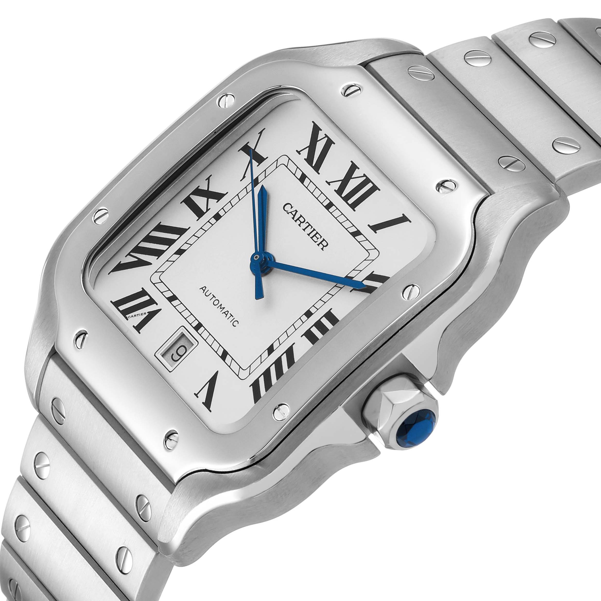 The Cartier Santos WSSA0009 Men's Stainless Steel Silver Dial watch is shown at a slight angle, highlighting the face, bezel, crown, and part of the bracelet.
