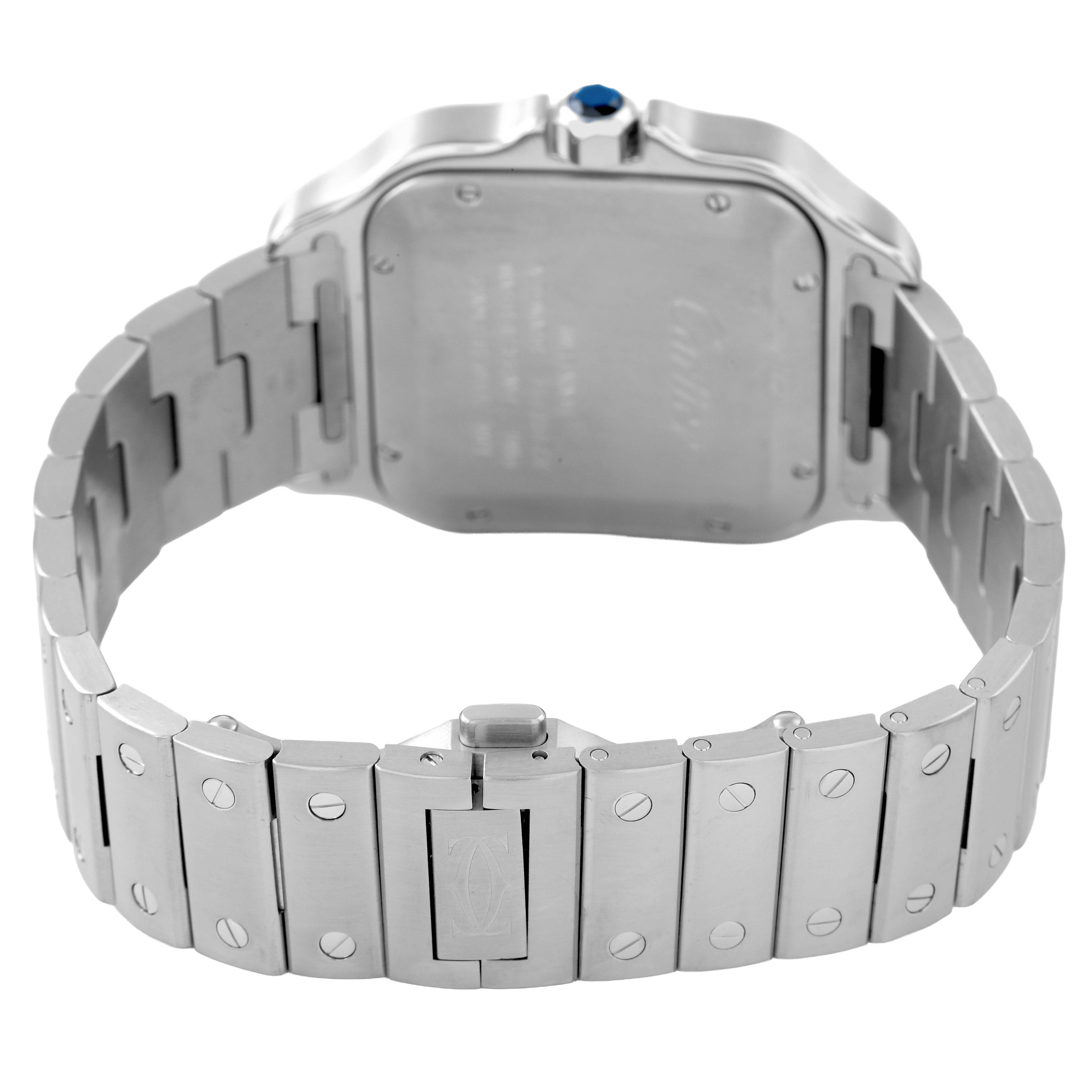 The image shows the clasp and back case of a Cartier Santos WSSA0009 Men's Stainless Steel Silver Dial watch, highlighting its metal bracelet and signature screw details.