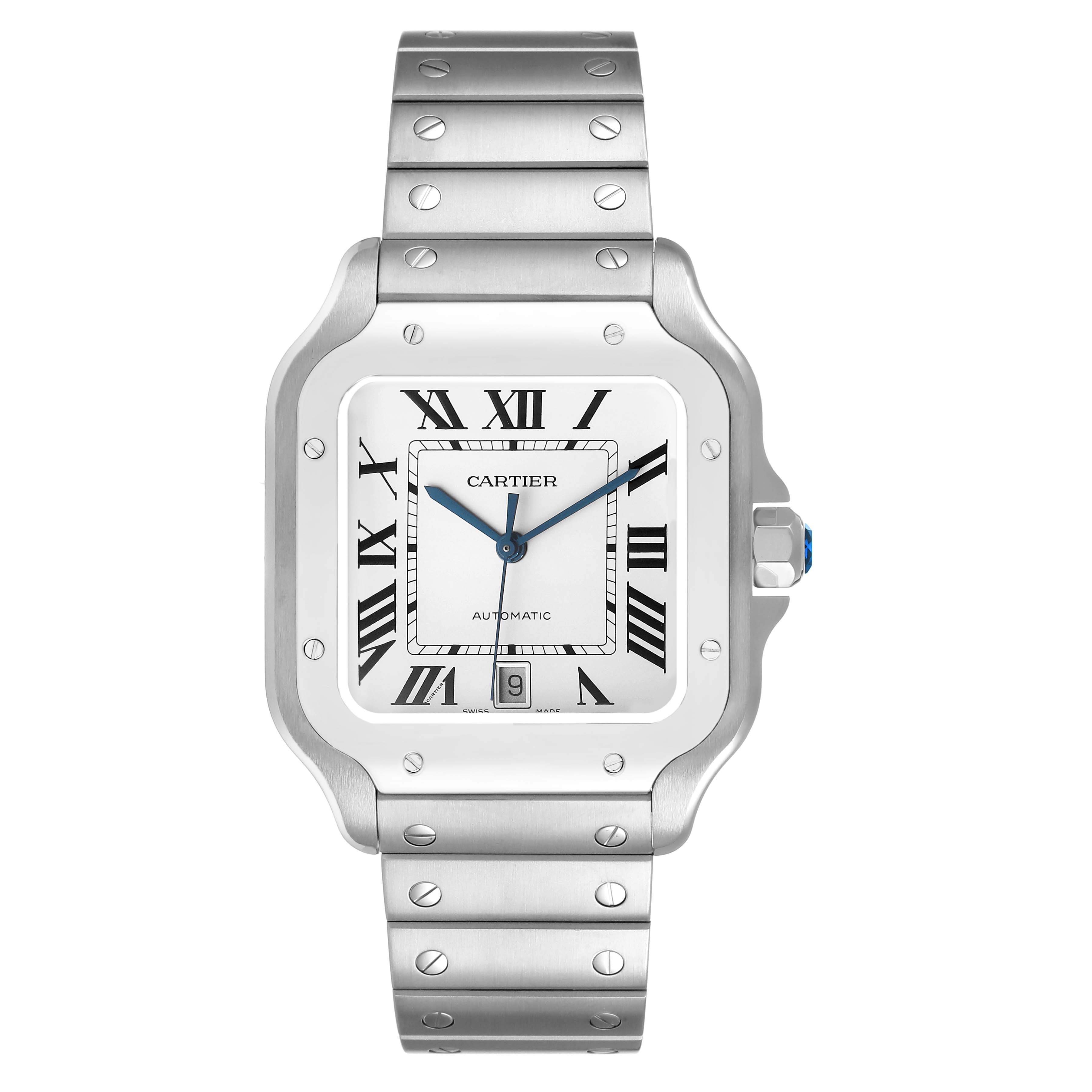 The Cartier Santos WSSA0009 Men's Stainless Steel Silver Dial watch is shown from the front, displaying its face, bezel, and bracelet with visible screws.