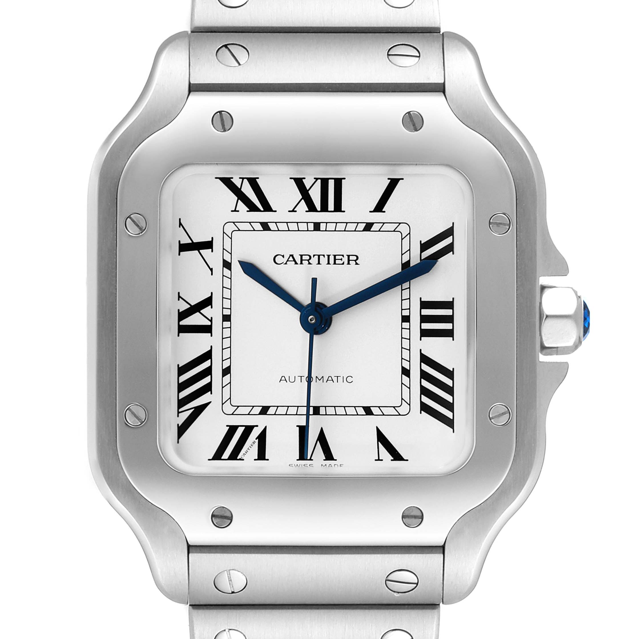 The image shows a front view of the Santos model watch by Cartier, highlighting the face, bezel, and part of the bracelet.
