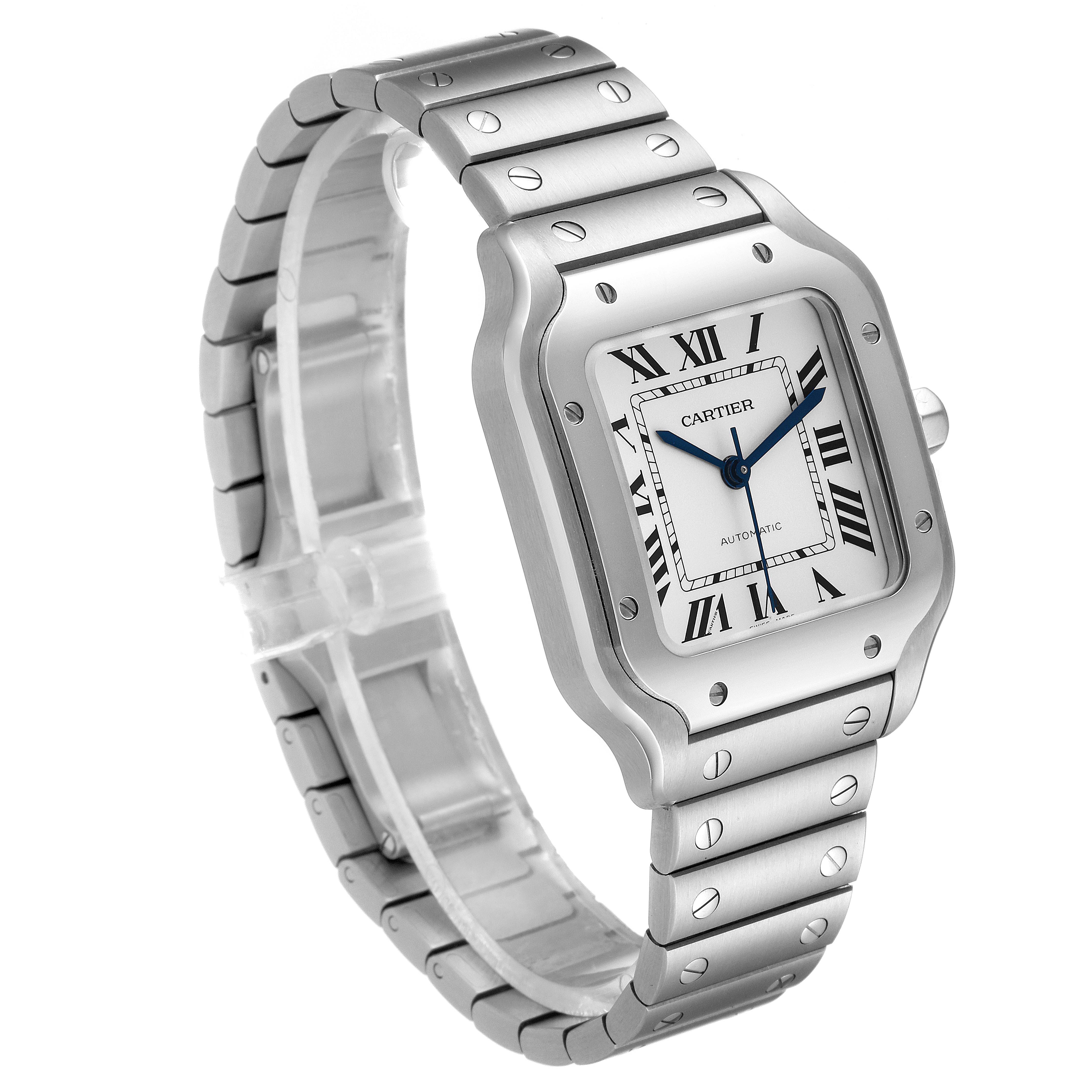 The Cartier Santos WSSA0029 Men's Stainless Steel Silver Dial WSSA0029 Men's Stainless Steel Silver Dial watch is shown at a three-quarter angle, displaying the face, case, bezel, and bracelet.