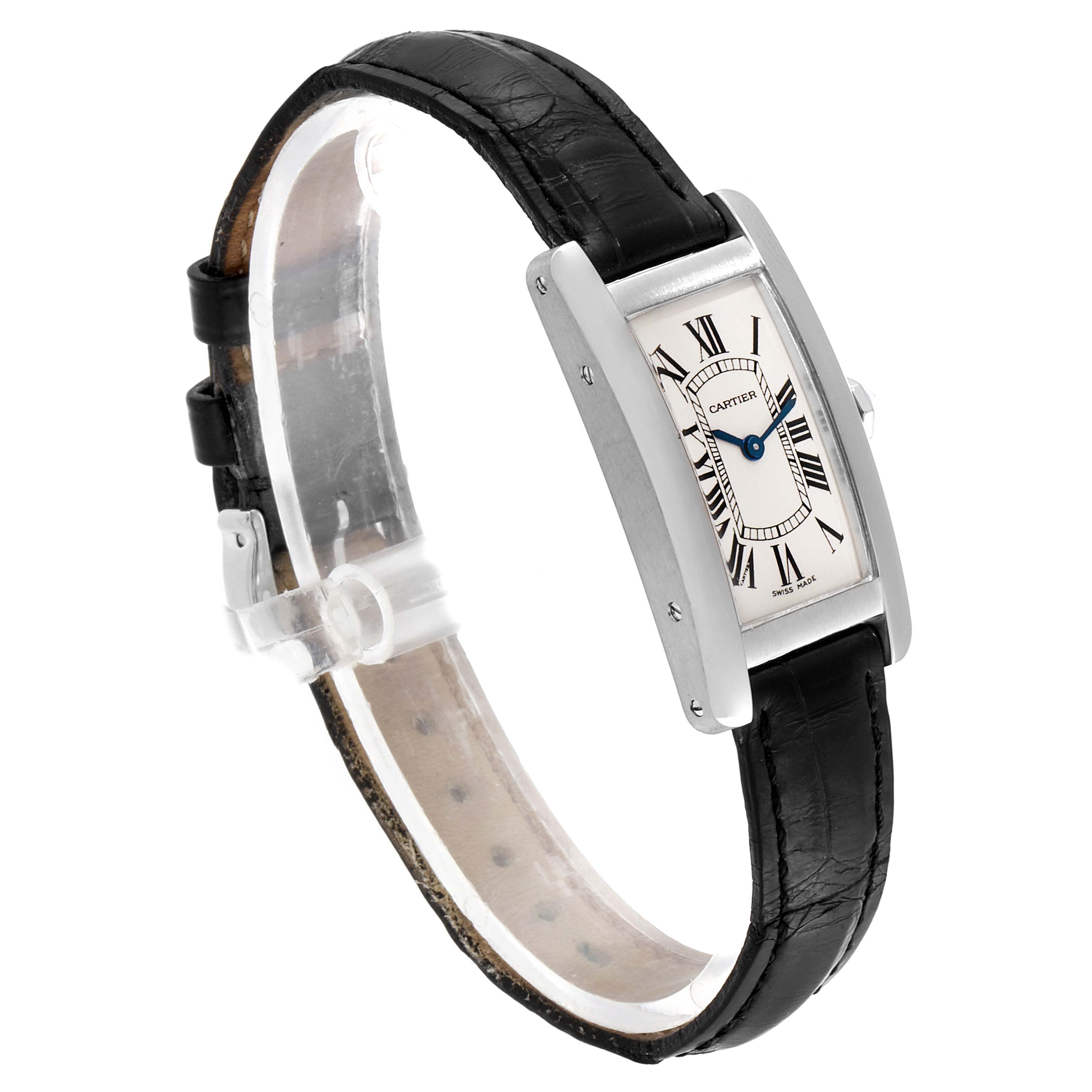 The image shows a side angle of a Tank Americaine model by Cartier, focusing on the watch face, case, and leather strap.