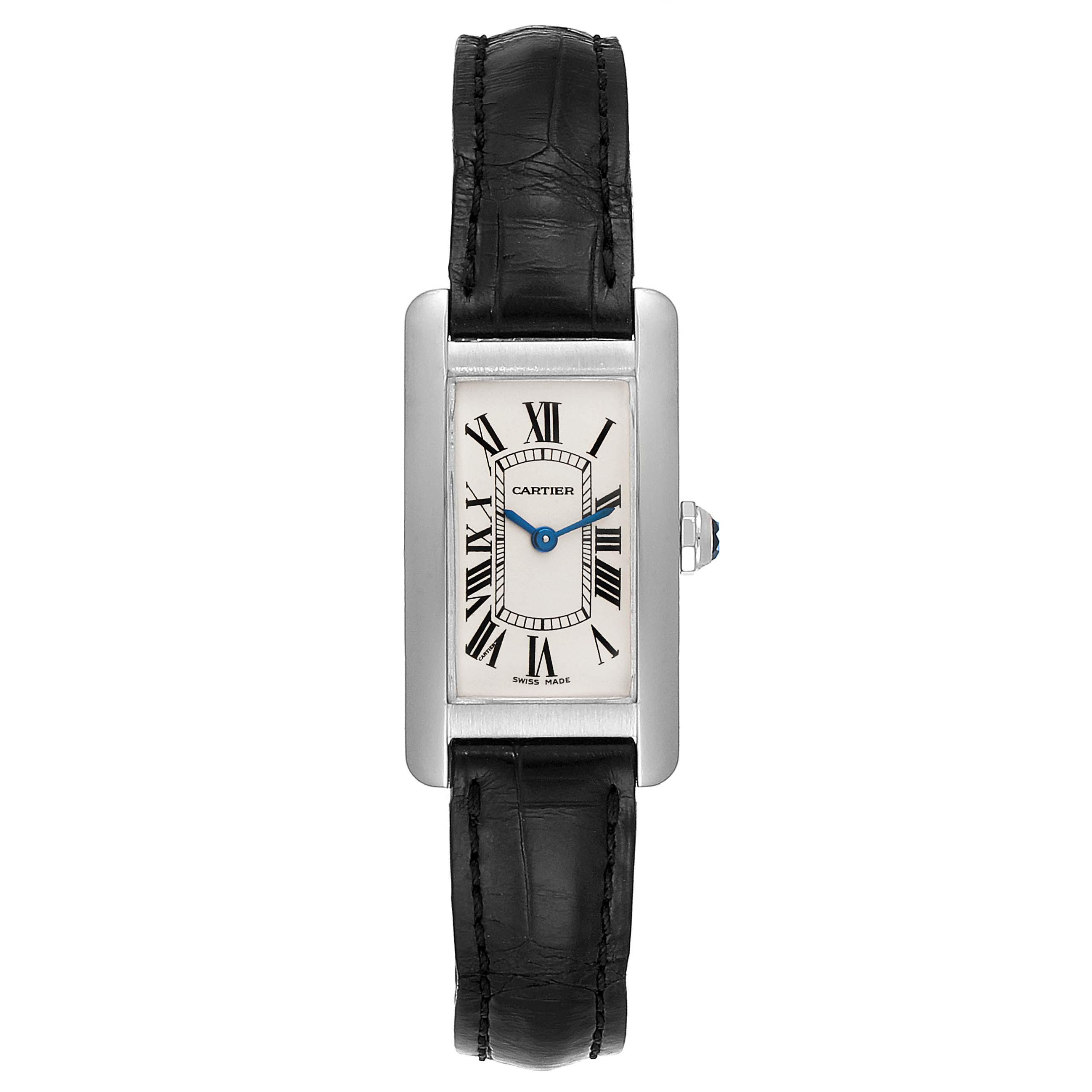 The image shows a Cartier Tank Americaine W2601956 Women's White Gold Silver Dial W2601956 Women's White Gold Silver Dial watch, viewed from the front, displaying the watch face and strap.