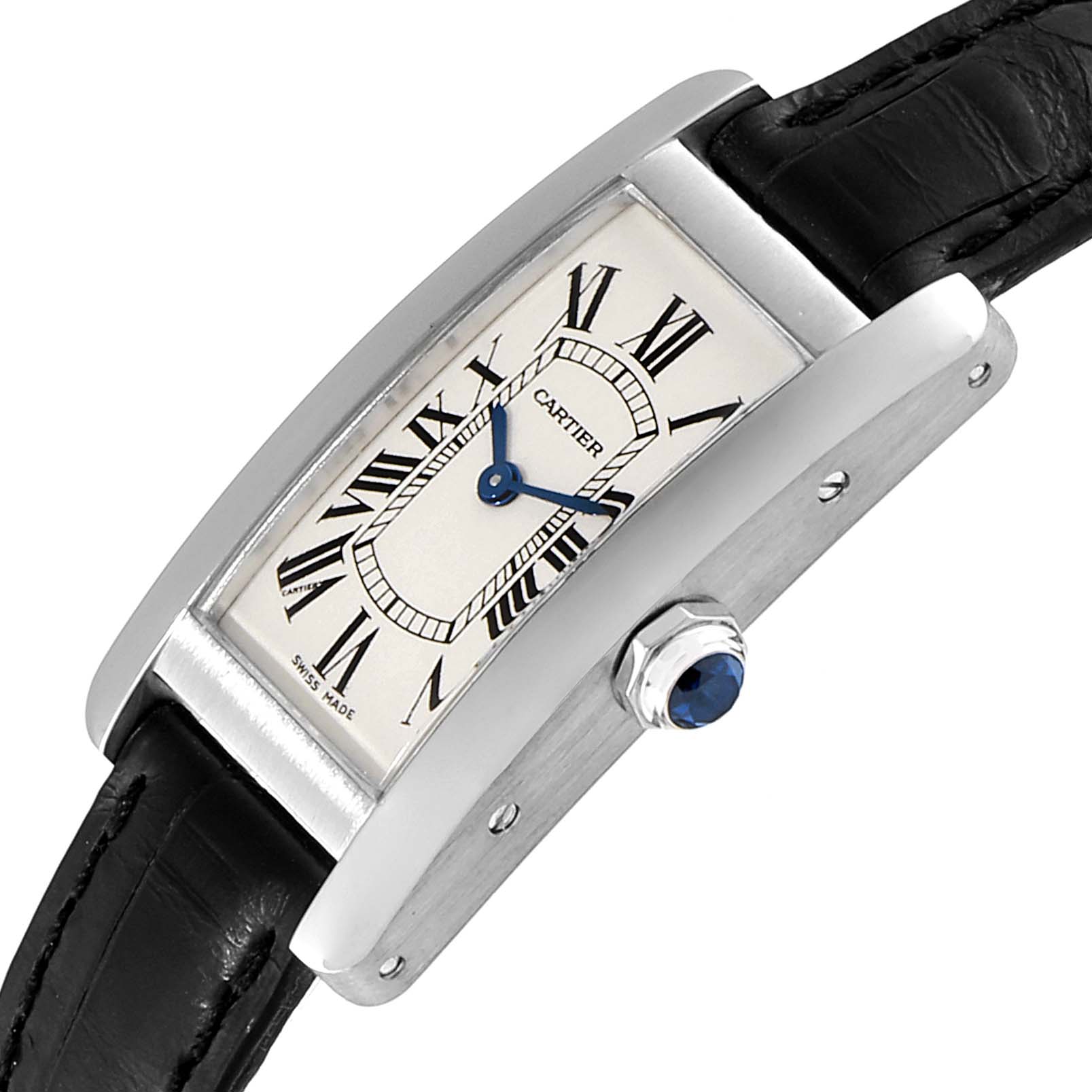 The image shows a close-up side angle of a Cartier Tank Americaine W2601956 Women's White Gold Silver Dial W2601956 Women's White Gold Silver Dial watch, highlighting the dial, case, and crown with a blue cabochon.