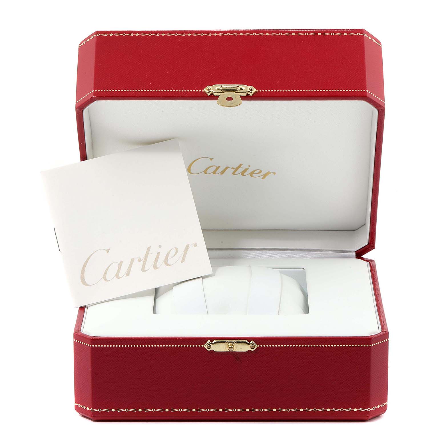 This image shows the open box and booklet for the Cartier Tank Americaine W2601956 Women's White Gold Silver Dial W2601956 Women's White Gold Silver Dial watch with no watch visible.