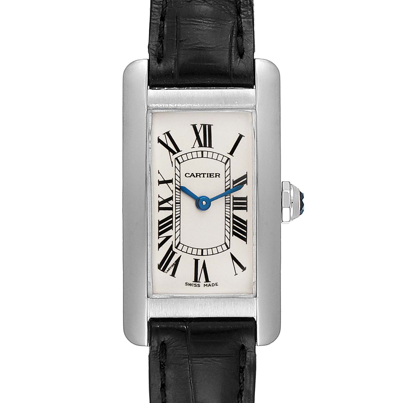 This image shows a frontal view of a Cartier Tank Americaine W2601956 Women's White Gold Silver Dial W2601956 Women's White Gold Silver Dial watch, highlighting its rectangular face and leather strap.