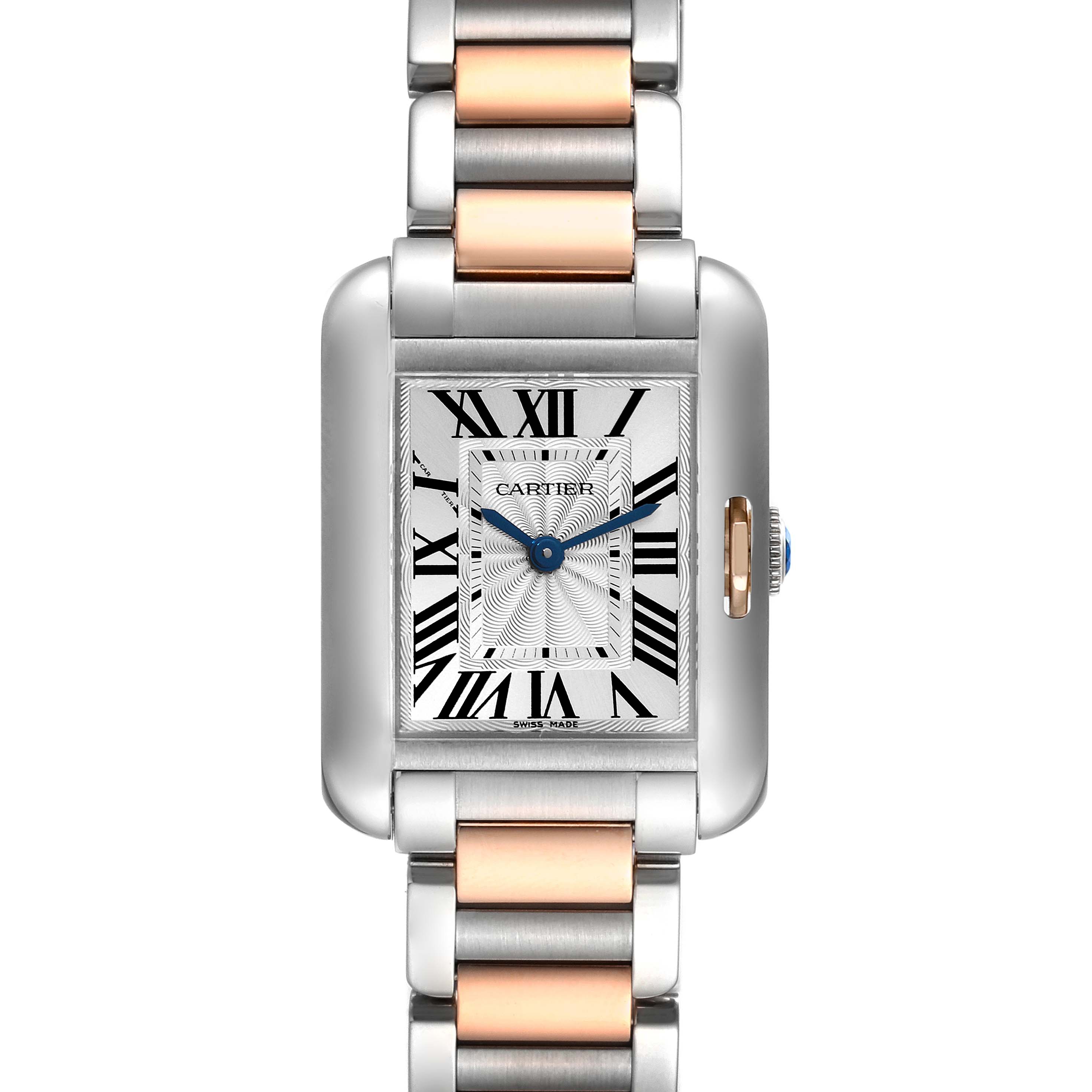 This image shows a front view of the Cartier Tank Anglaise W5310036 Women's Steel and Gold (two tone) Silver Dial W5310036 Women's Steel and Gold (two tone) Silver Dial watch, highlighting its rectangular dial and two-tone bracelet.