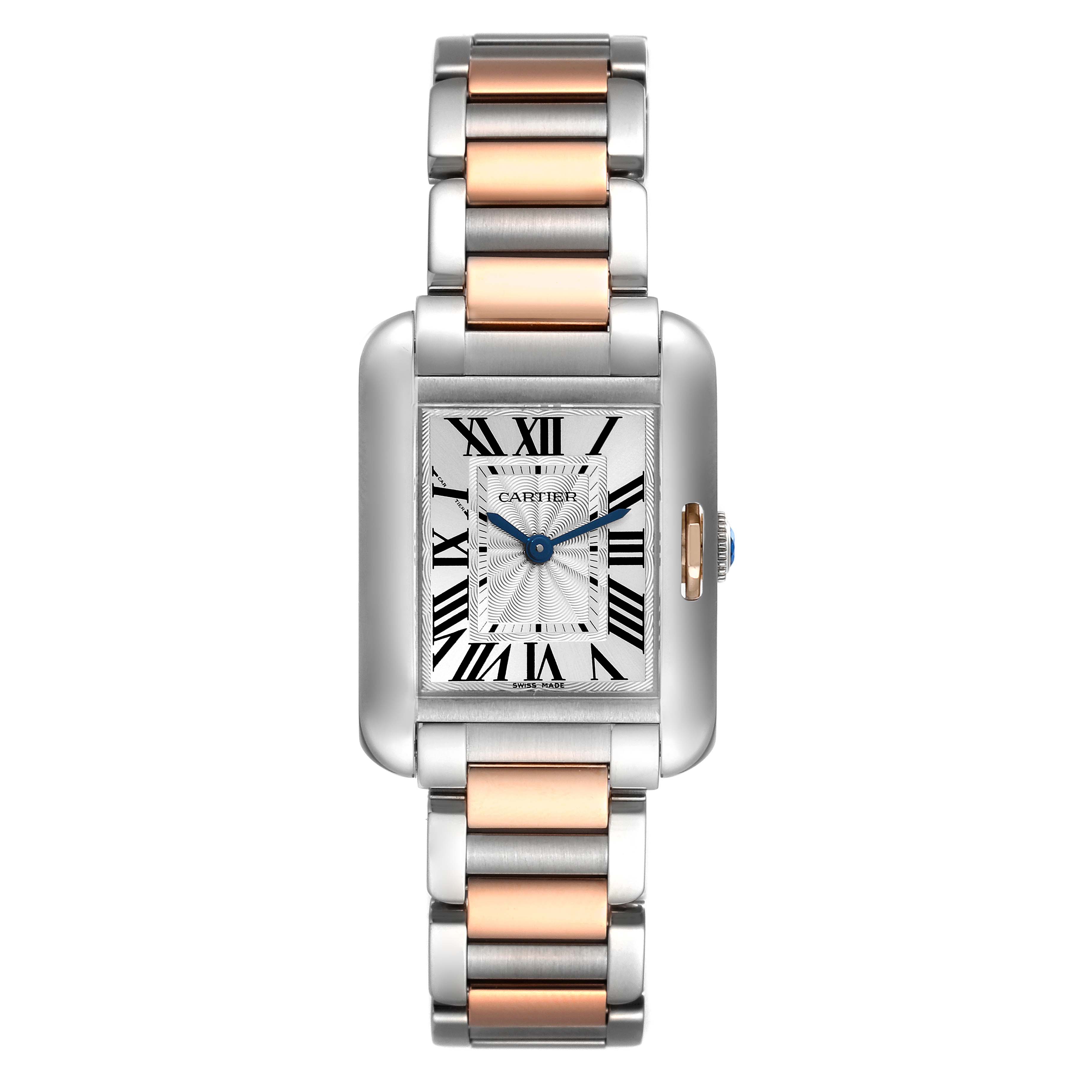 The image shows a Cartier Tank Anglaise W5310036 Women's Steel and Gold (two tone) Silver Dial W5310036 Women's Steel and Gold (two tone) Silver Dial watch viewed from the front, displaying its face, case, and bracelet.