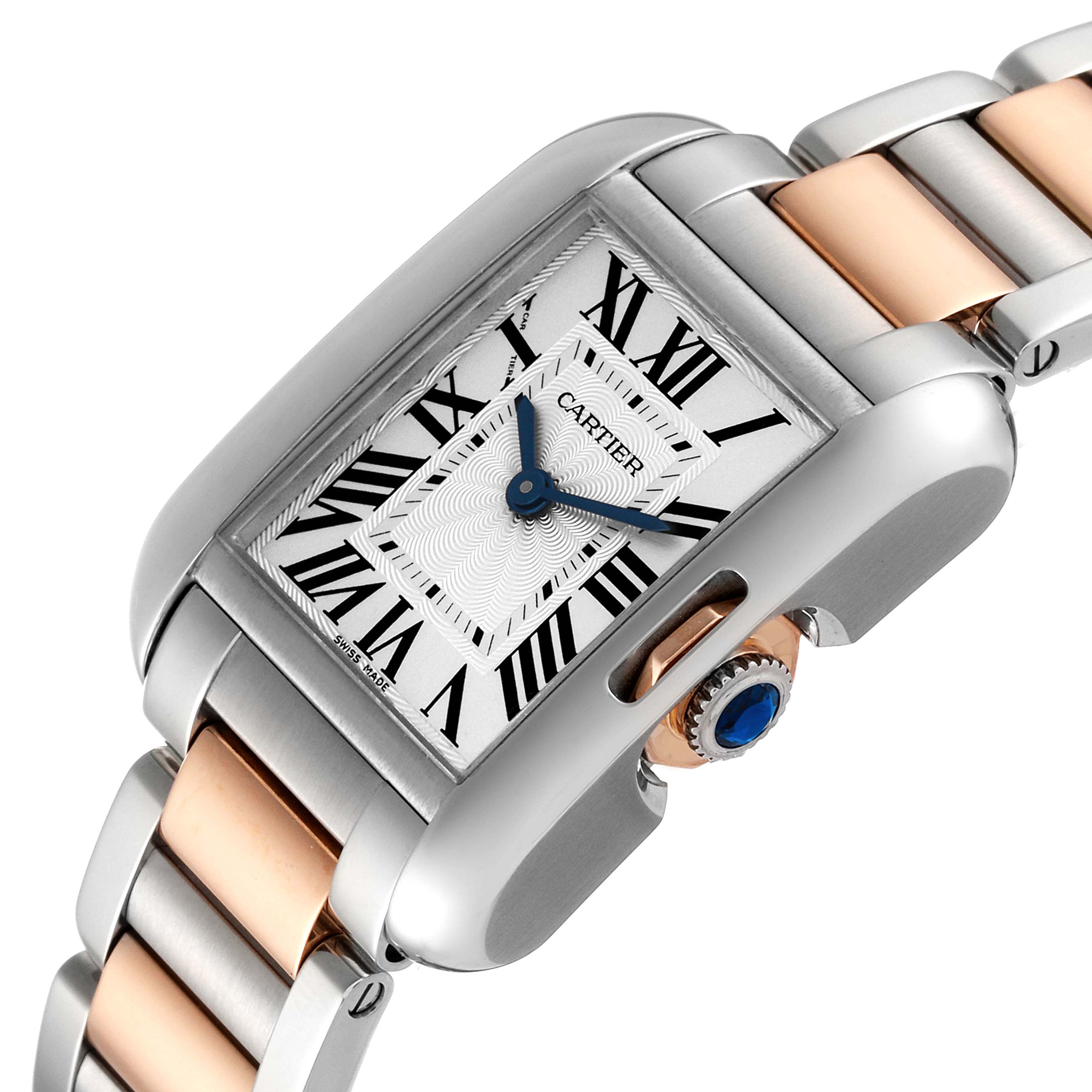 The image shows a close-up angled view of the Cartier Tank Anglaise W5310036 Women's Steel and Gold (two tone) Silver Dial W5310036 Women's Steel and Gold (two tone) Silver Dial watch, displaying its face, crown, and two-tone bracelet.