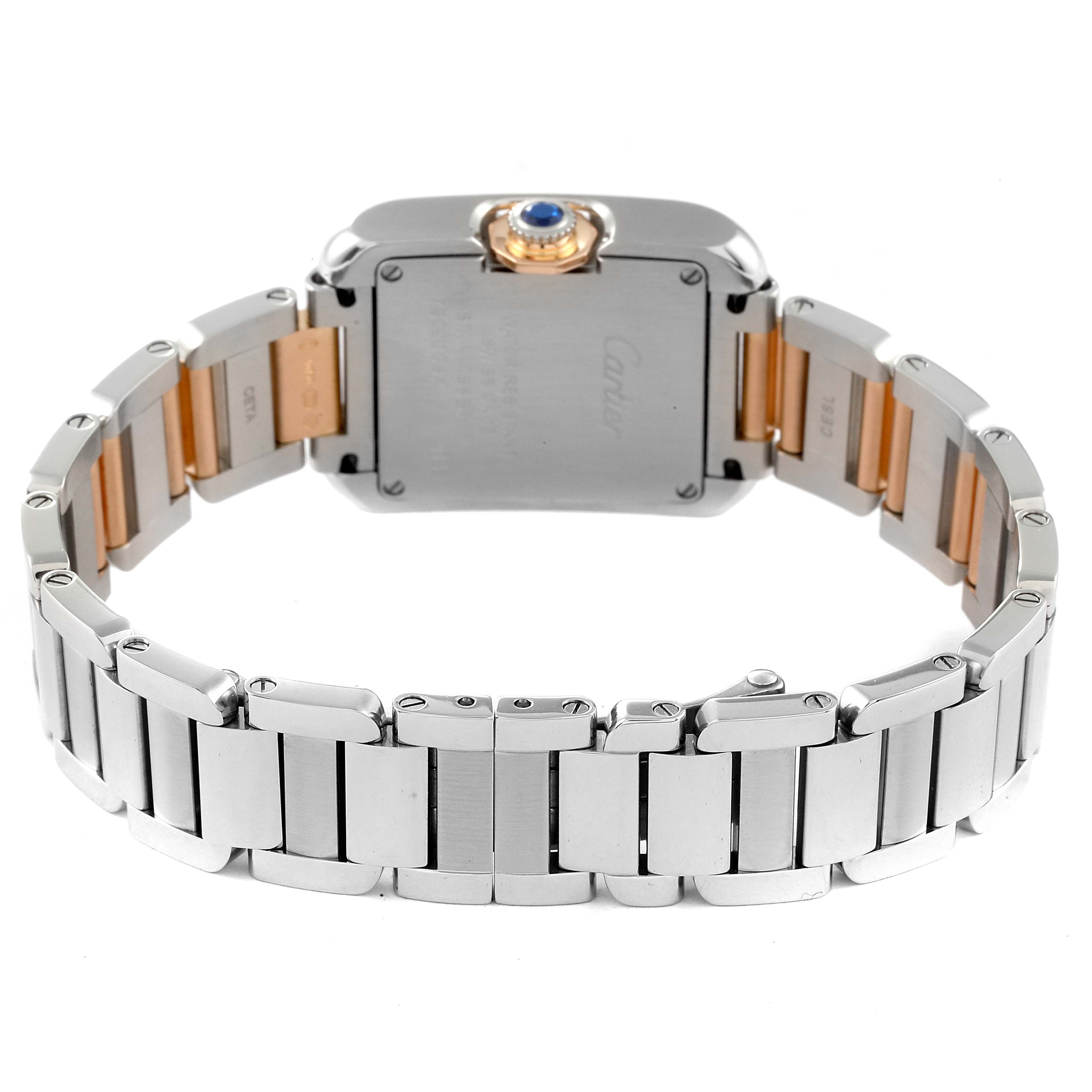 The image shows the back and bracelet of the Cartier Tank Anglaise W5310036 Women's Steel and Gold (two tone) Silver Dial W5310036 Women's Steel and Gold (two tone) Silver Dial watch, highlighting the case back and metal links.