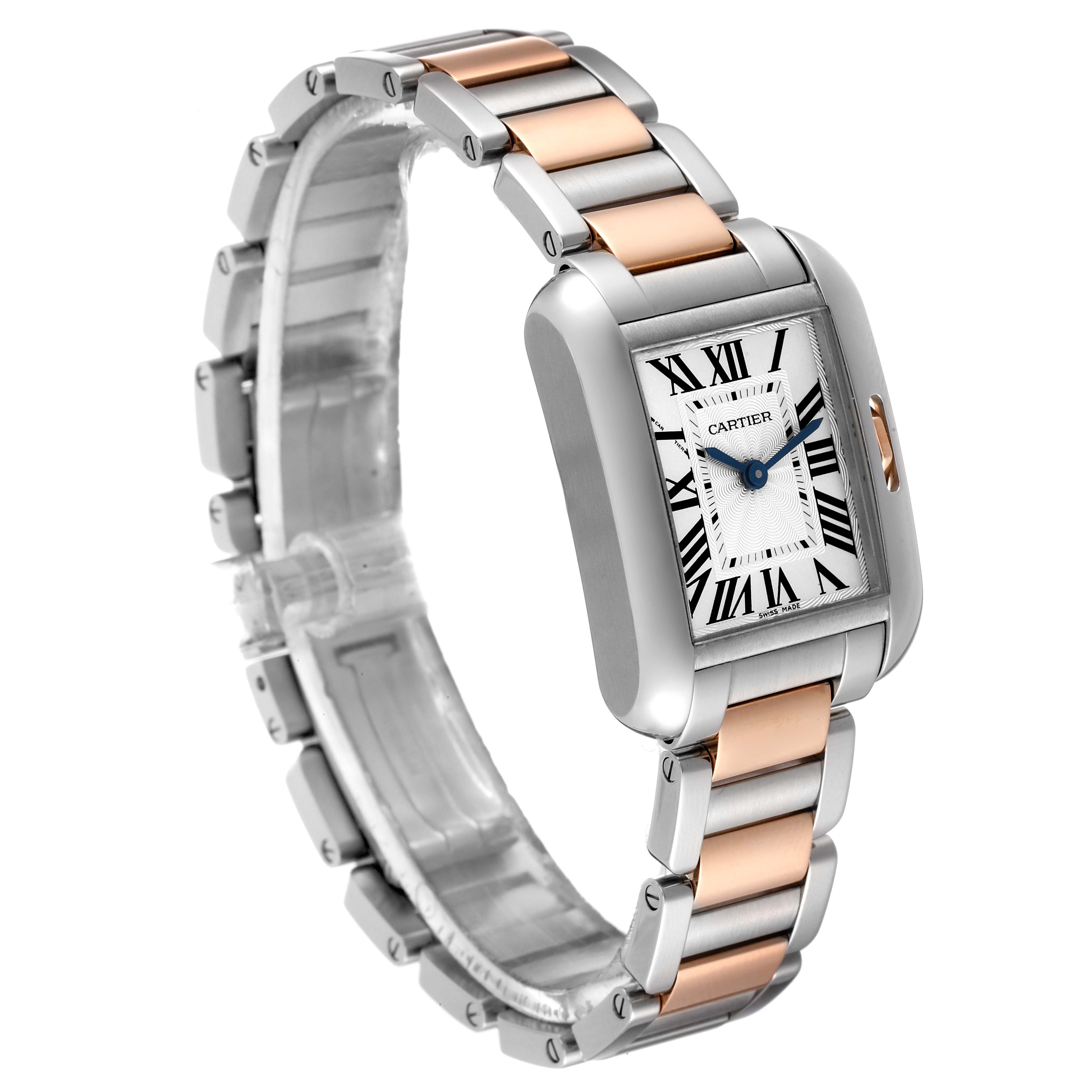 This image shows a Cartier Tank Anglaise W5310036 Women's Steel and Gold (two tone) Silver Dial W5310036 Women's Steel and Gold (two tone) Silver Dial watch from an angled side view displaying its two-tone bracelet and rectangular face.