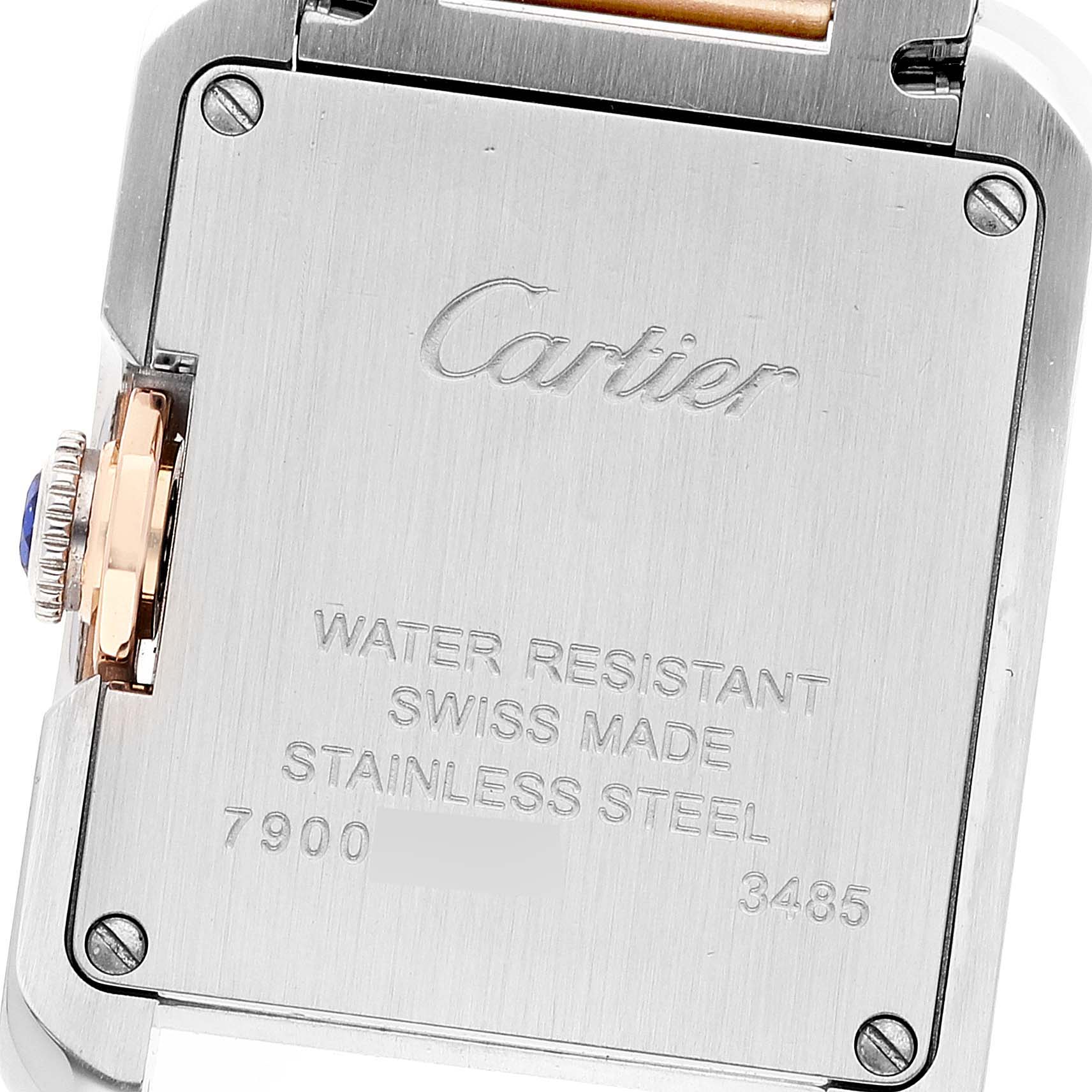 This image shows the back case and crown of a Cartier Tank Anglaise W5310036 Women's Steel and Gold (two tone) Silver Dial W5310036 Women's Steel and Gold (two tone) Silver Dial watch.