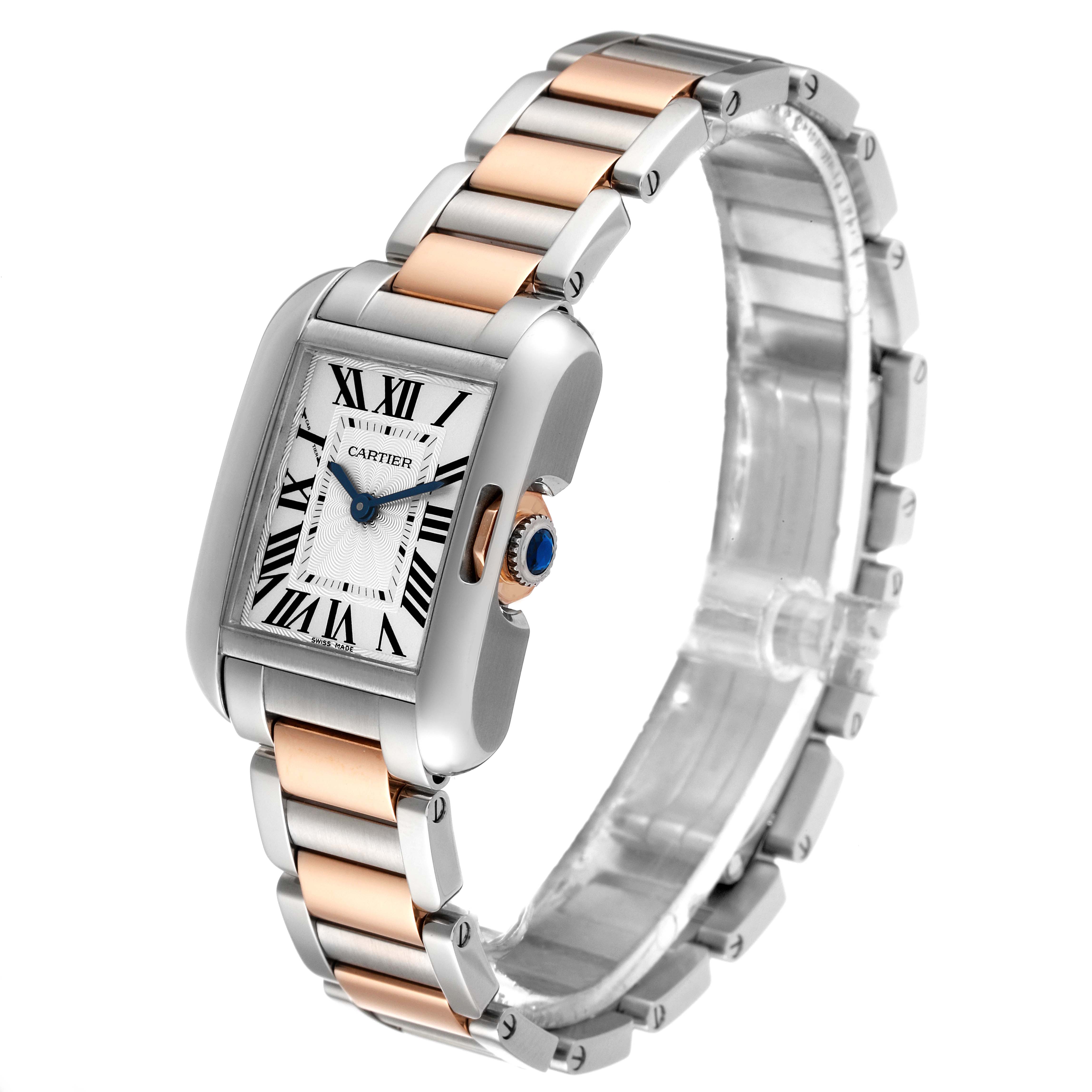 The image shows an angled view of a Cartier Tank Anglaise W5310036 Women's Steel and Gold (two tone) Silver Dial W5310036 Women's Steel and Gold (two tone) Silver Dial watch displaying its face, bezel, crown, and part of the bracelet.