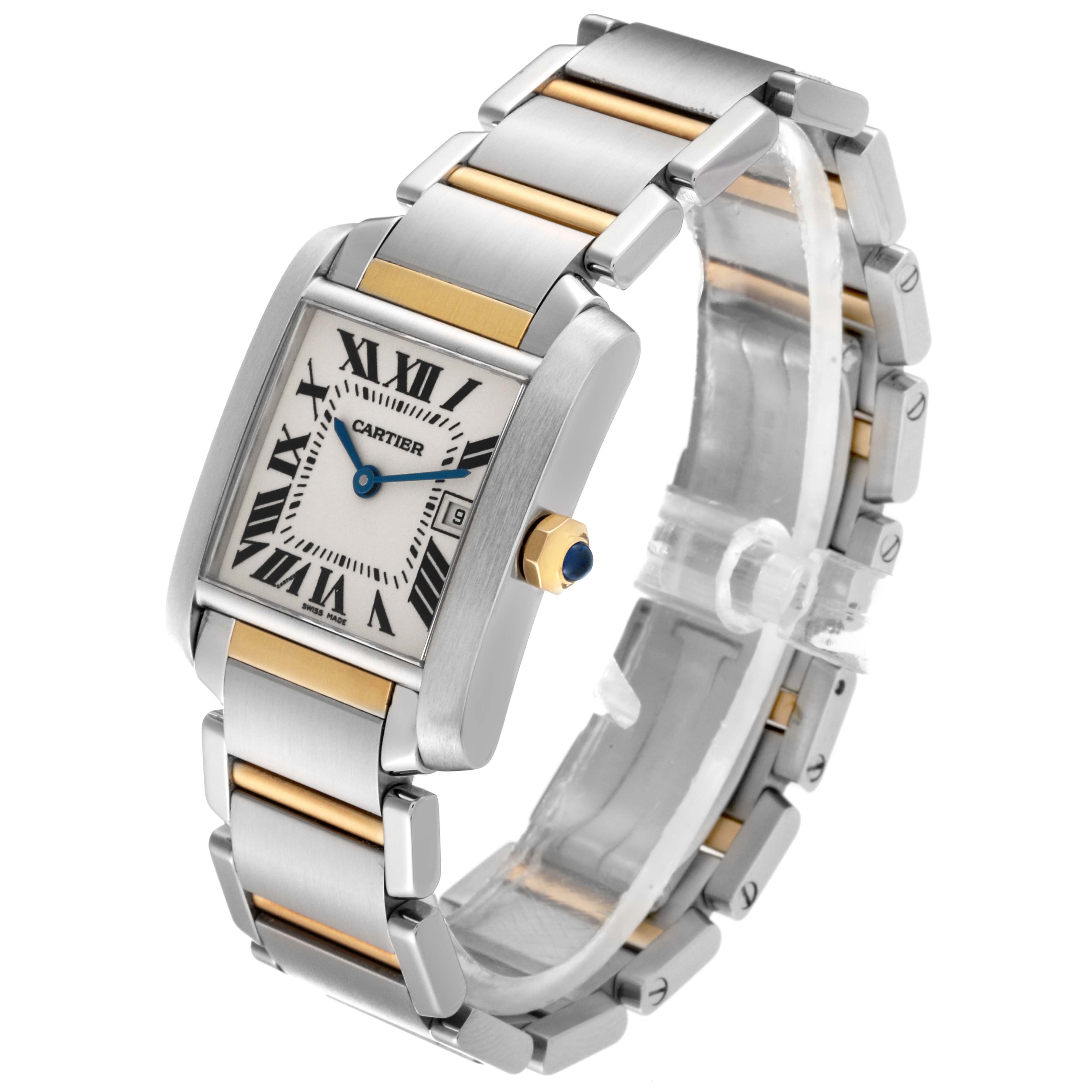 The Cartier Tank Française watch is shown at a three-quarter angle, highlighting its face, bezel, crown, and bracelet.