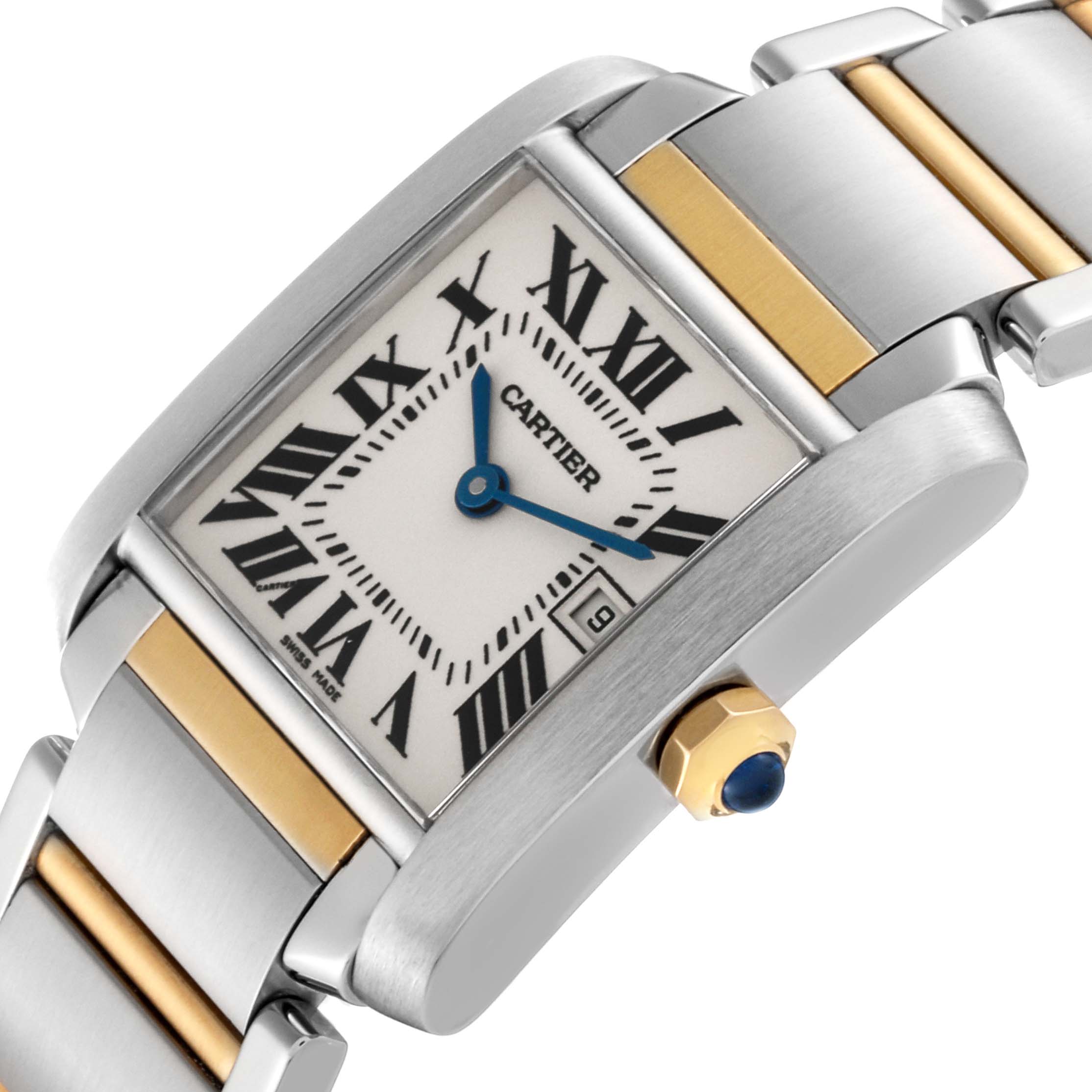 The Cartier Tank Francaise W51012Q4 Women
s Steel and Gold (two tone) Silver Dial W51012Q4 Women
s Steel and Gold (two tone) Silver Dial watch is shown at an angle highlighting the face, crown, and bracelet, with emphasis on its two-tone design.