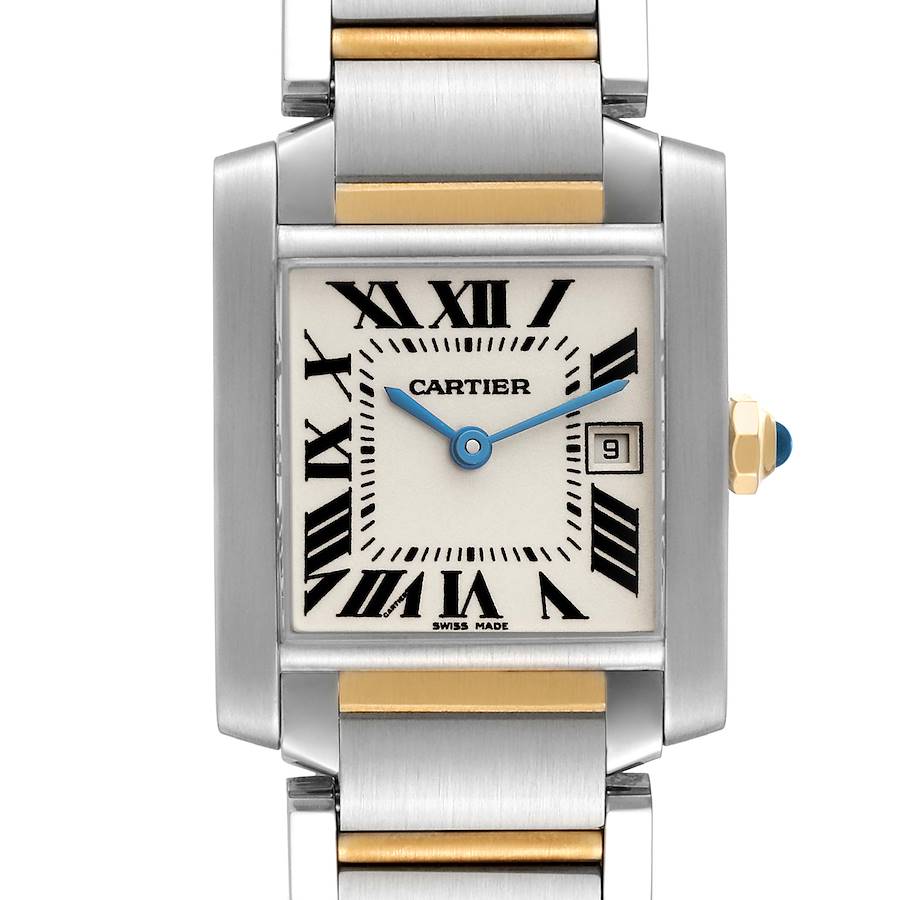 The Cartier Tank Française watch is shown from the front, highlighting the dial, Roman numerals, hands, date window, and bracelet.