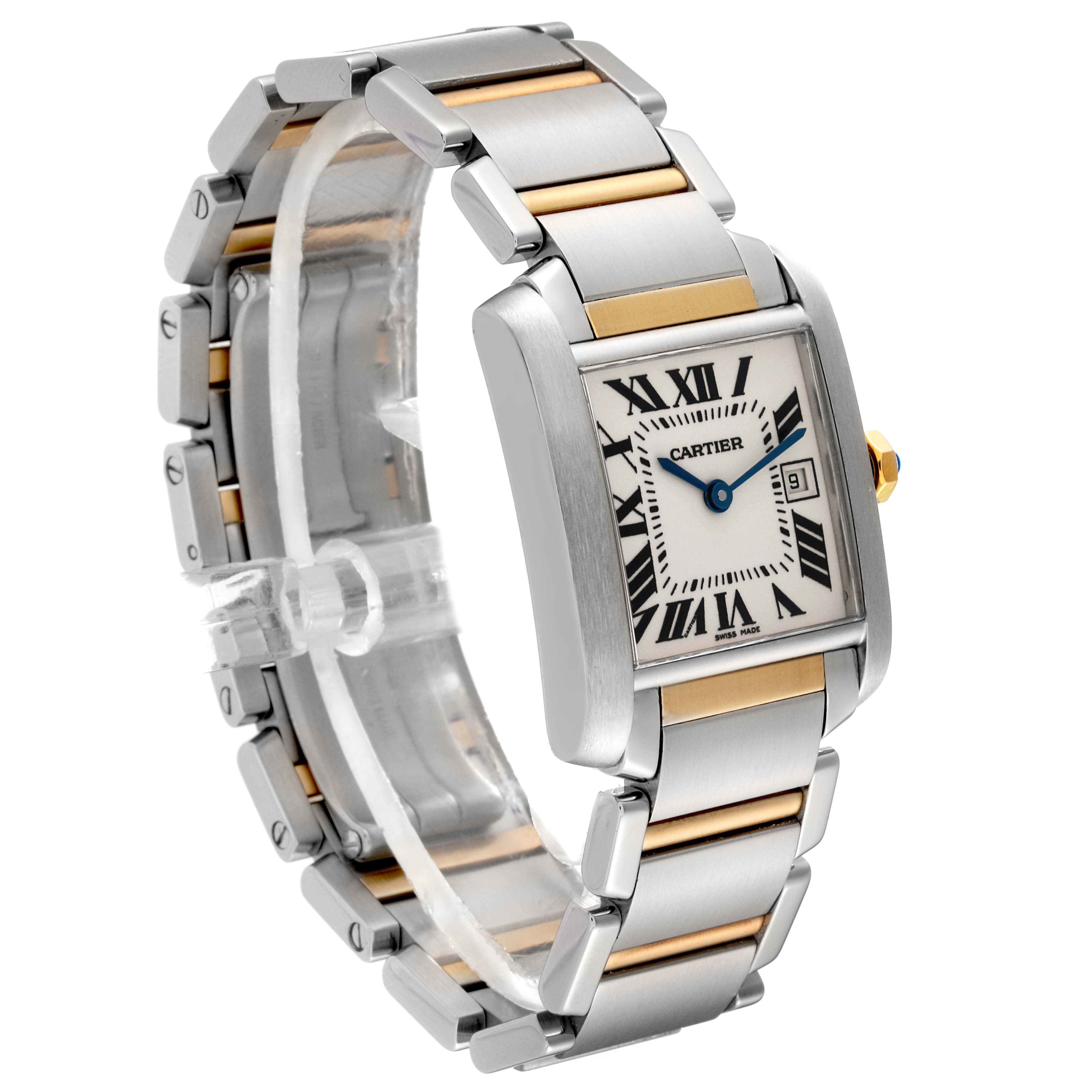The Cartier Tank Française watch is shown at a three-quarter angle, highlighting its rectangular face and two-tone bracelet.
