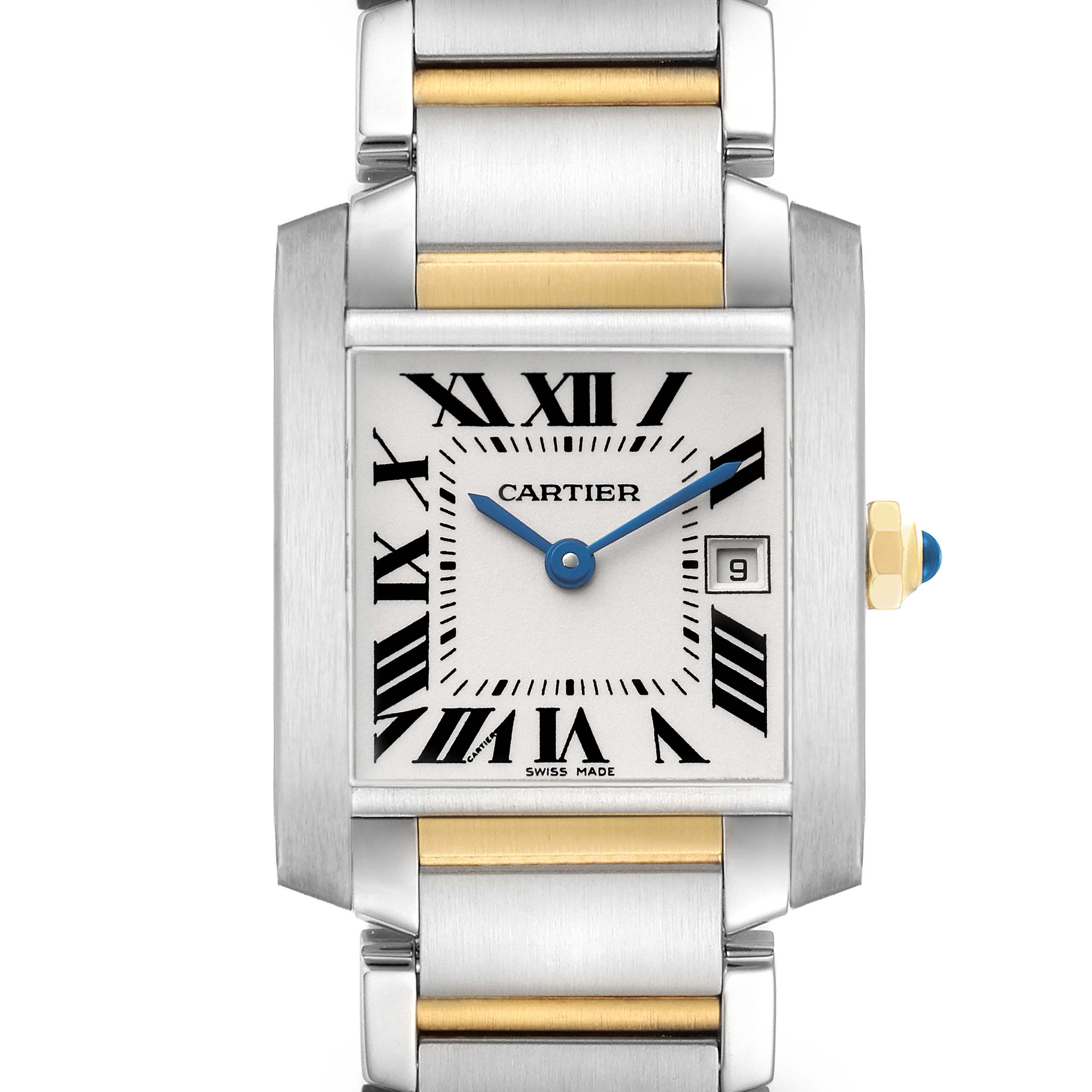 The Cartier Tank Française watch is shown from the front, highlighting the face, Roman numerals, and metal bracelet.