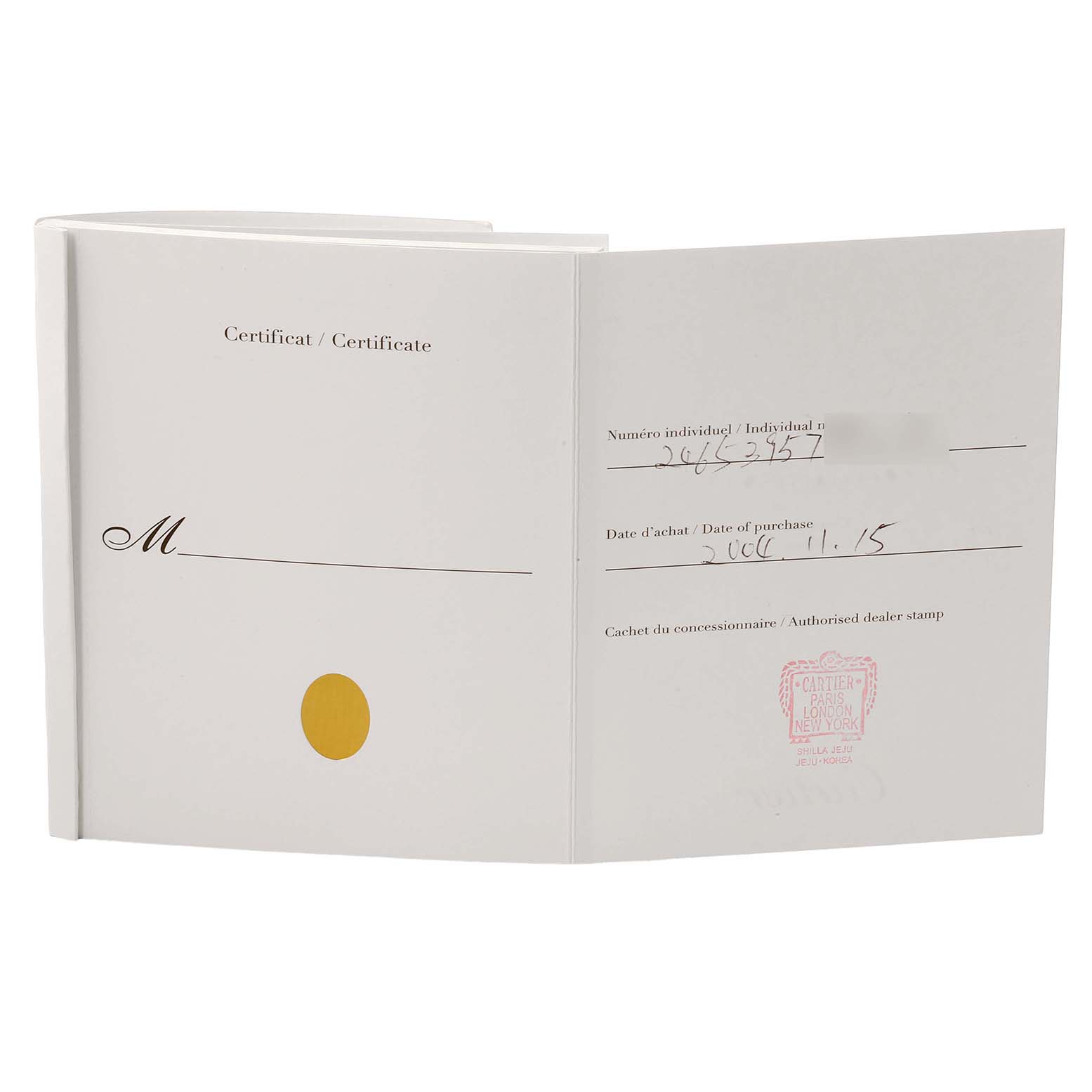 The image shows a Cartier Tank Francaise W51012Q4 Women's Steel and Gold (two tone) Silver Dial certificate booklet, open to display purchase details and dealer stamp.