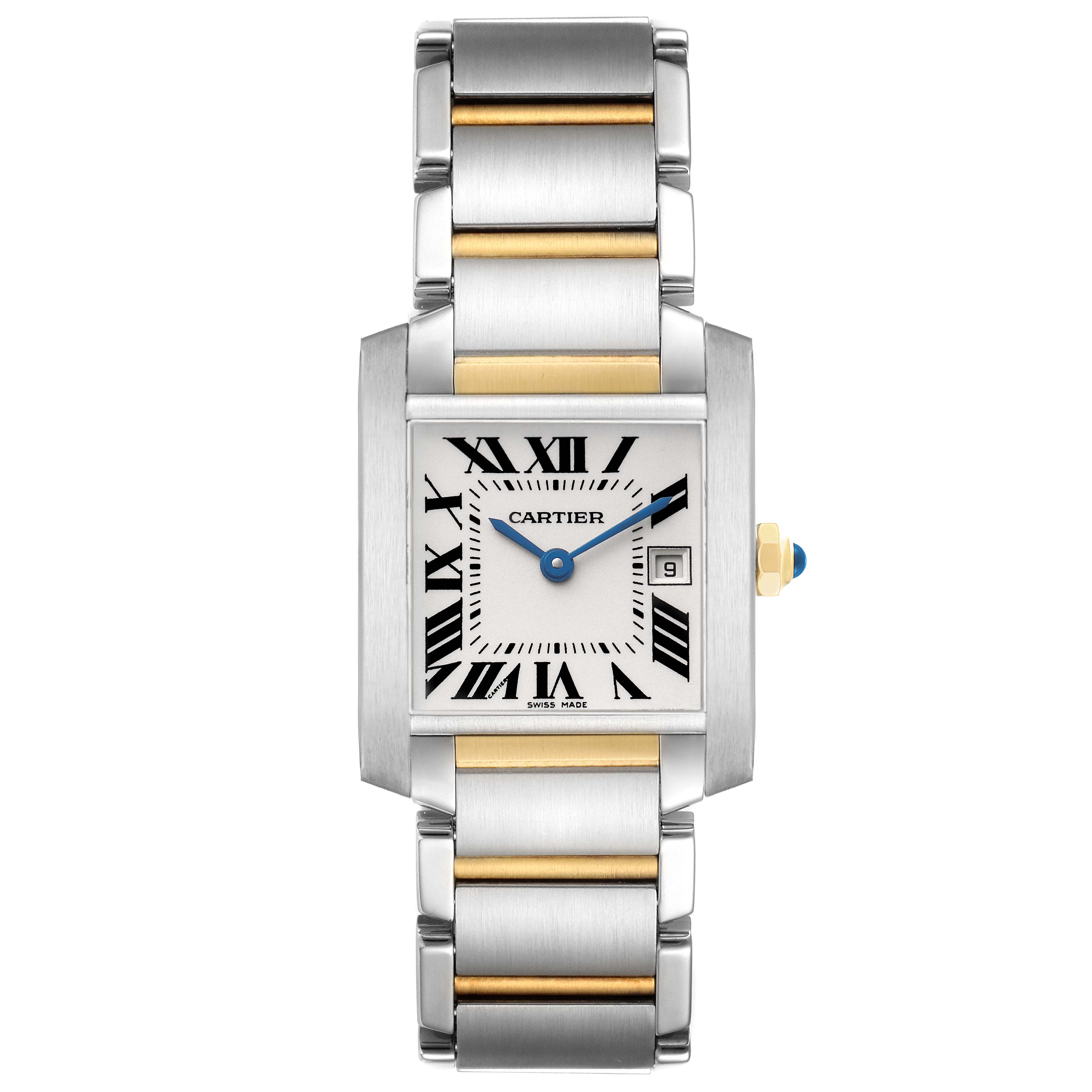 The Cartier Tank Francaise W51012Q4 Women's Steel and Gold (two tone) Silver Dial watch is shown from the front, displaying the face, bracelet, and crown with a blue cabochon.
