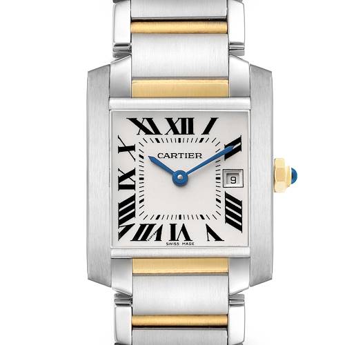 The Cartier Tank Française watch is shown from the front, highlighting the face, blue hands, Roman numerals, and dual-tone bracelet.