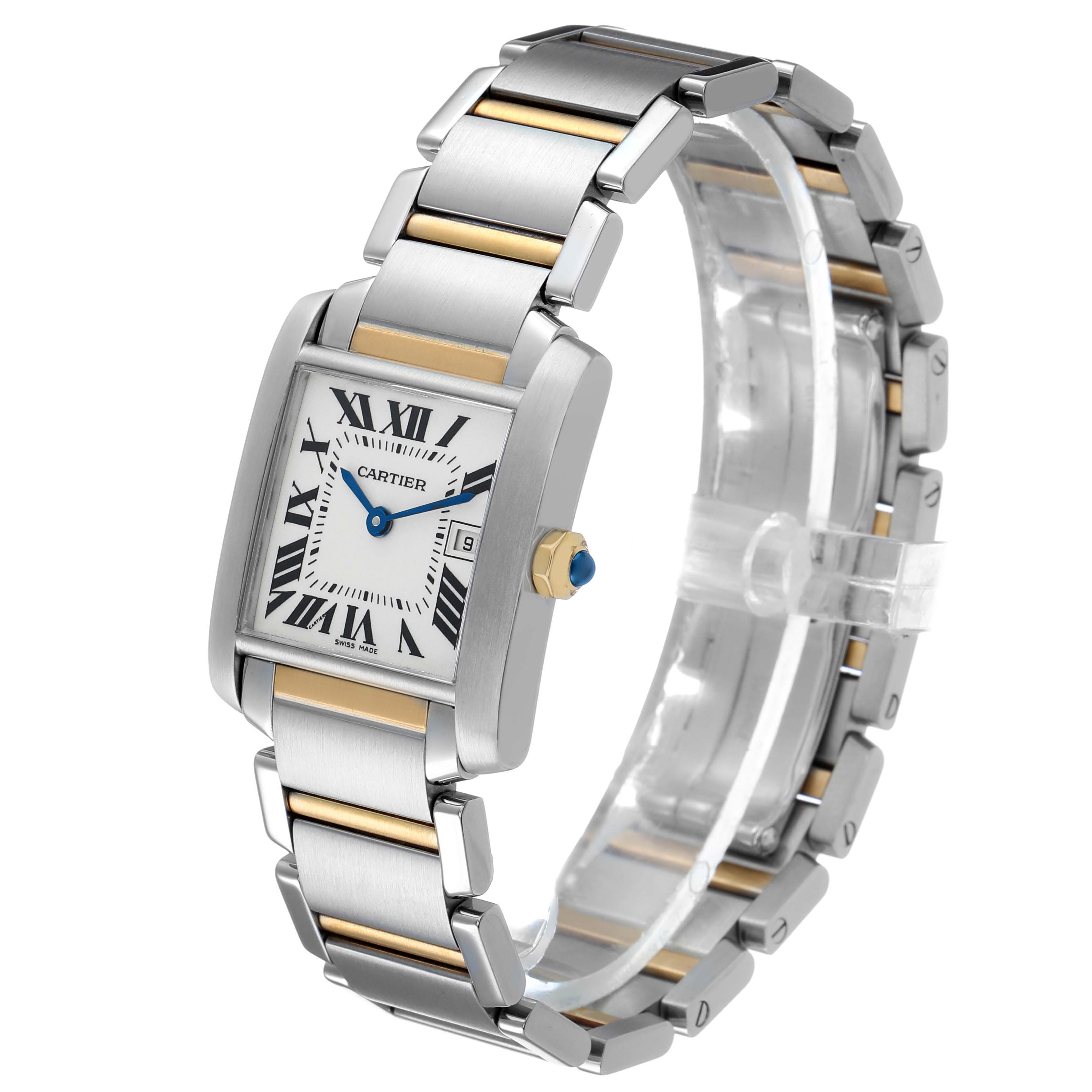 The image shows a Cartier Tank Française watch at a three-quarter angle, highlighting its face, side, and bracelet.