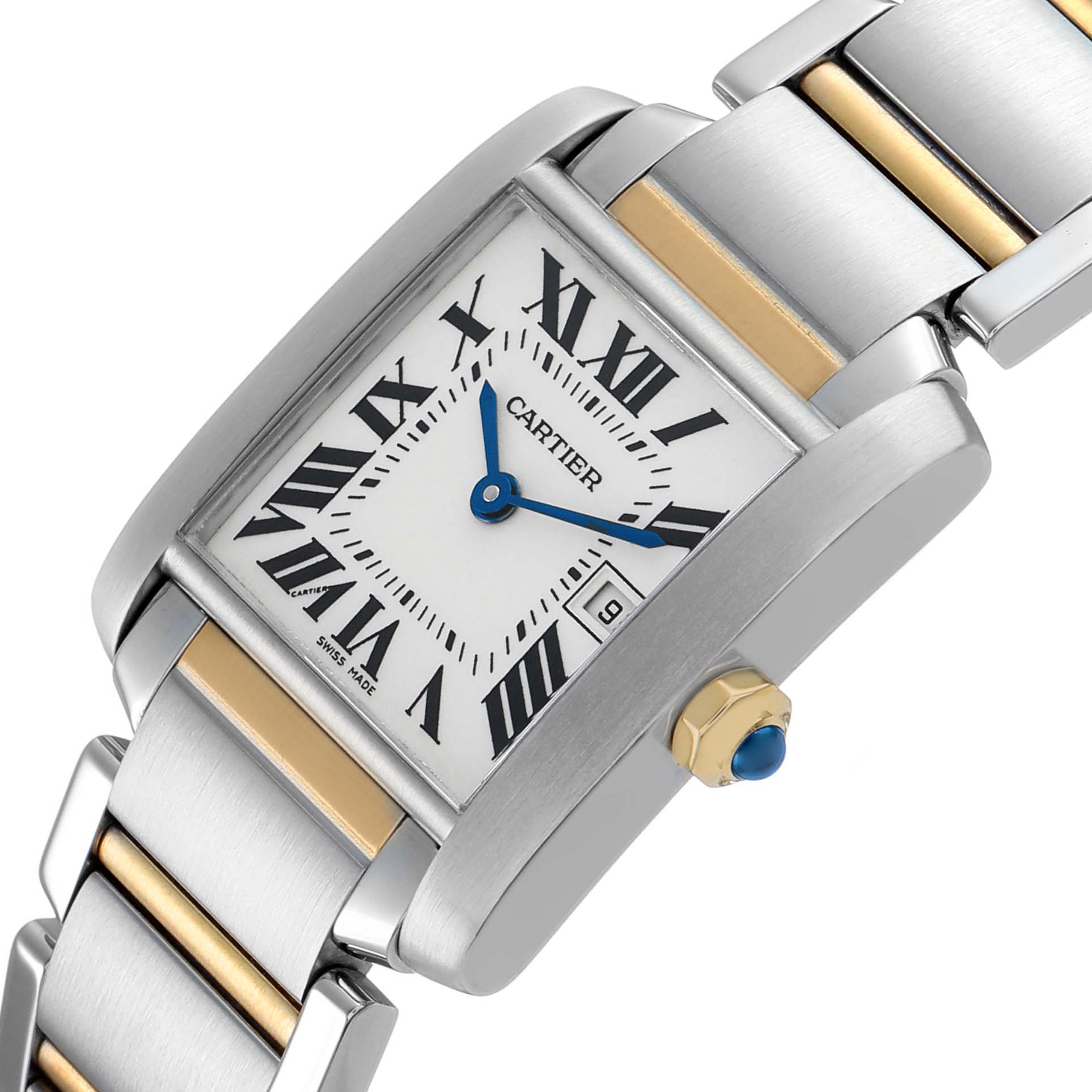The Cartier Tank Francaise W51012Q4 Women's Steel and Gold (two tone) Silver Dial watch is shown at an angled view, highlighting its rectangular face, Roman numerals, and two-tone metal bracelet.