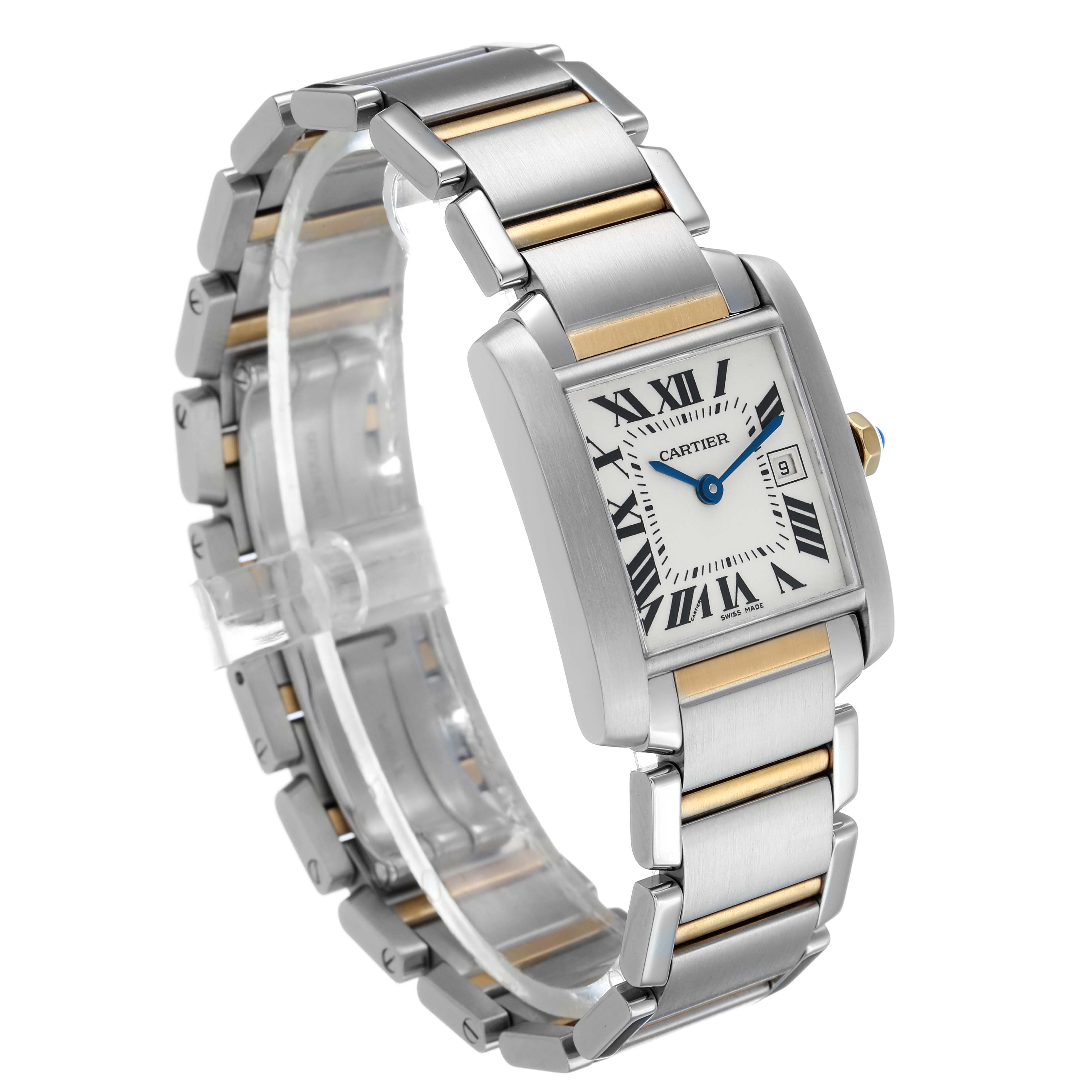 The Cartier Tank Française watch is shown at a front-left angle, highlighting the face, bracelet, and clasp.