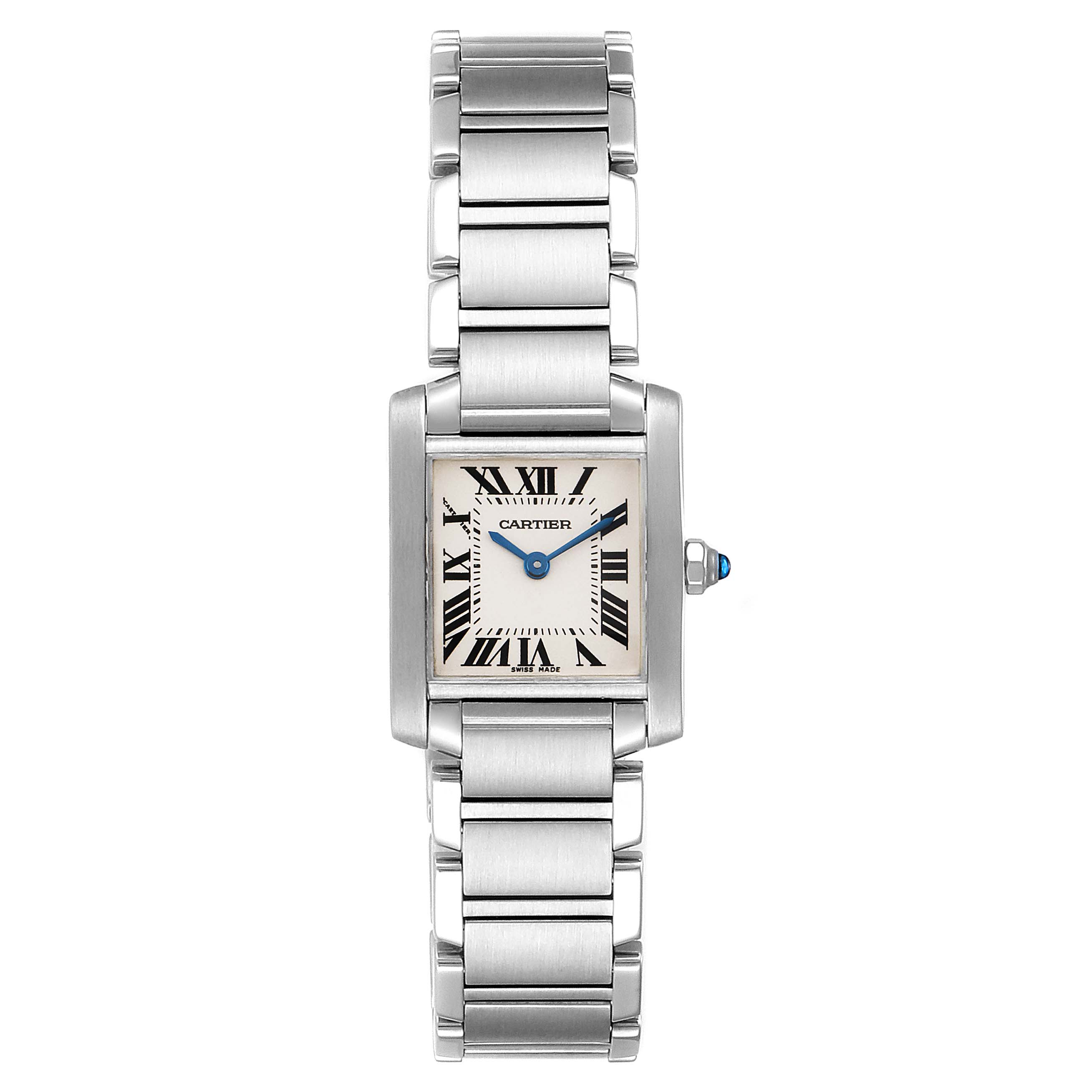 The Cartier Tank Française model is shown from a top-down view, displaying its face, bezel, and bracelet.