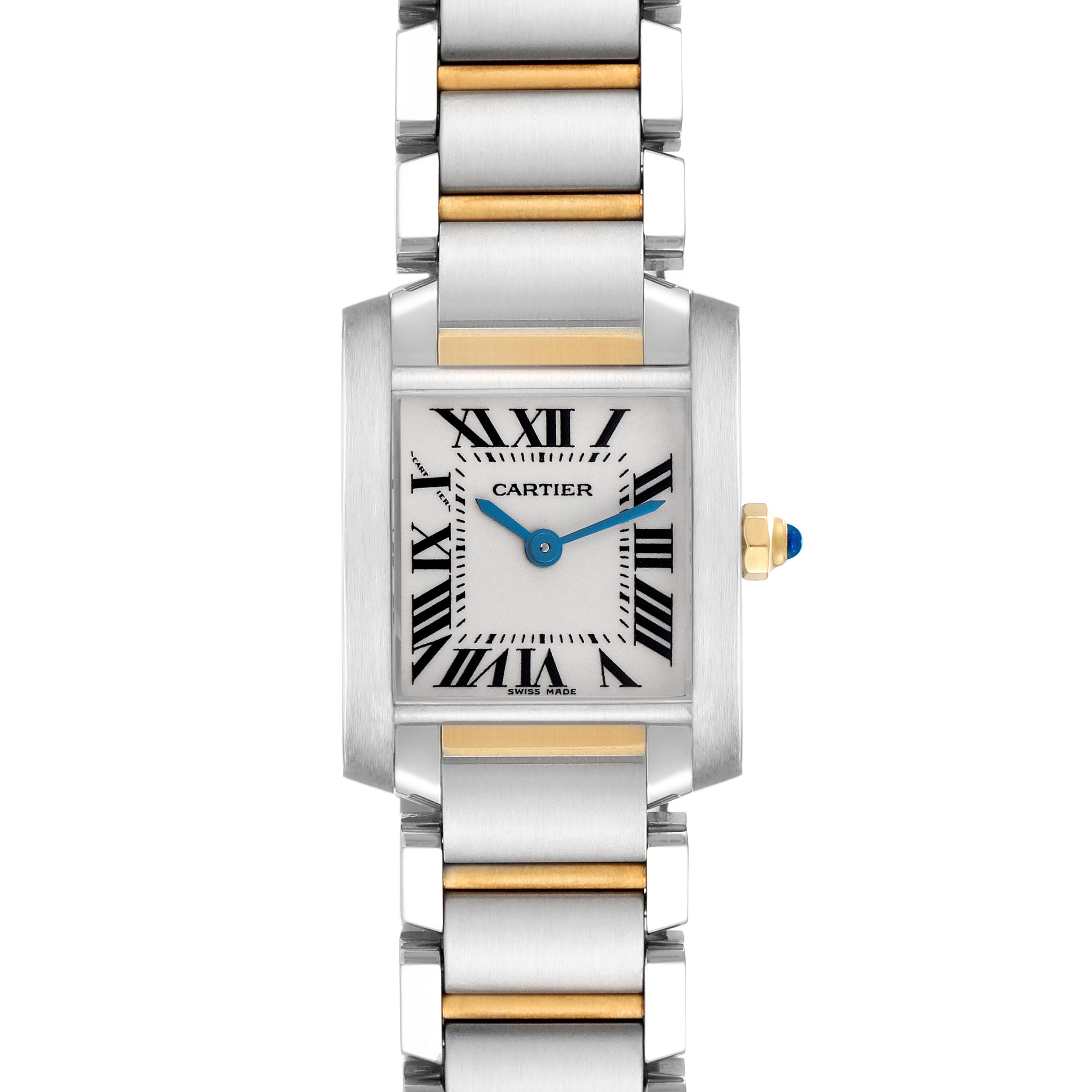 The Cartier Tank Francaise W51007Q4 Women
s Steel and Gold (two tone) Silver Dial W51007Q4 Women
s Steel and Gold (two tone) Silver Dial is shown from a front angle, displaying the face, bezel, and bracelet.