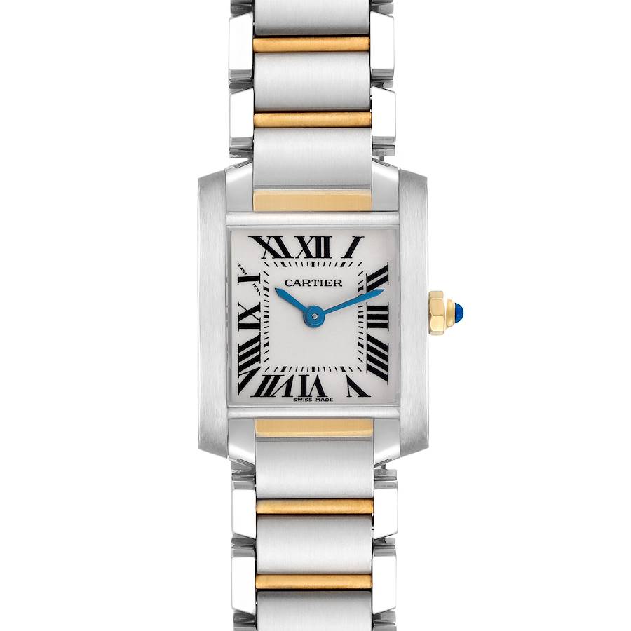The Cartier Tank Francaise is shown from a front angle, displaying the face, bezel, and bracelet.