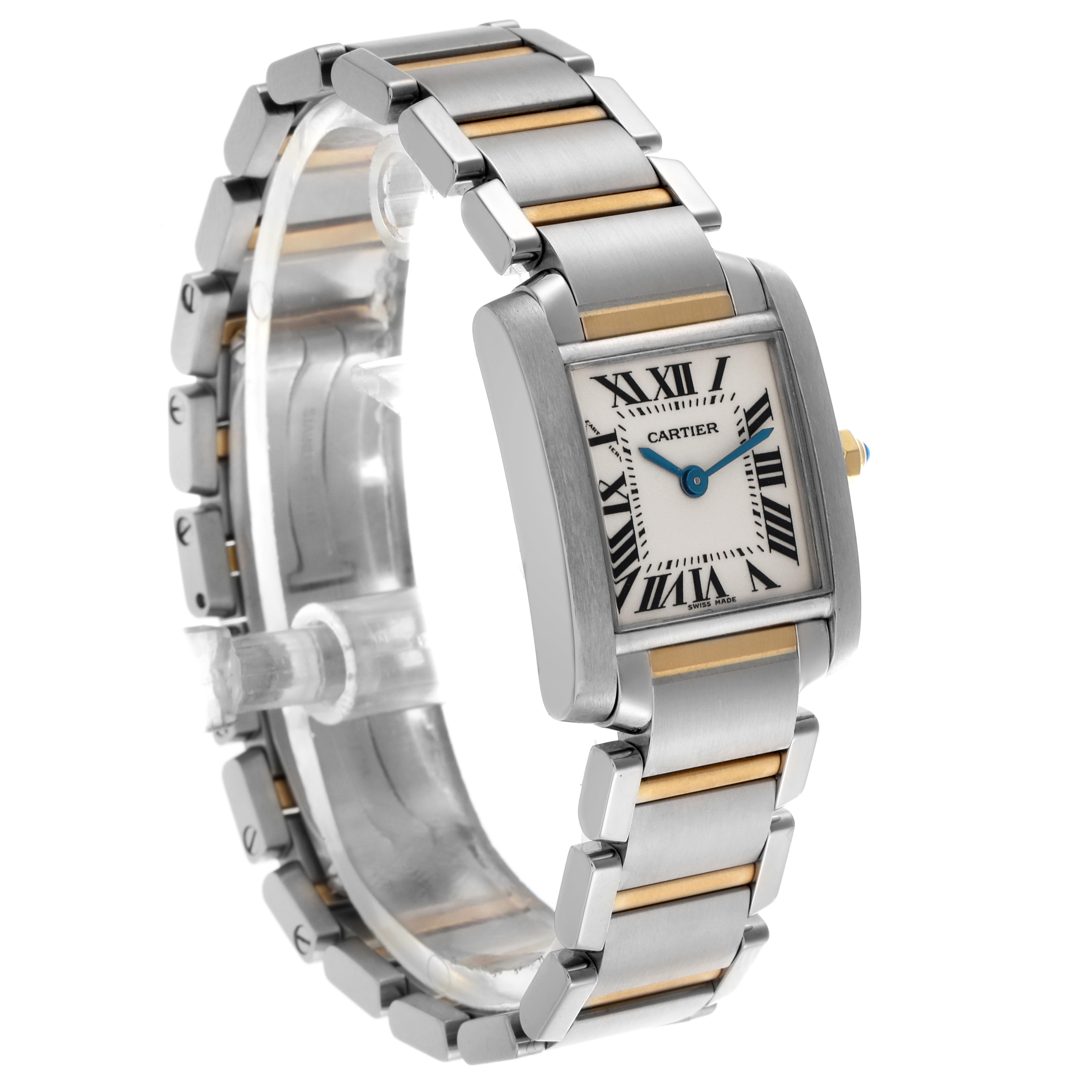 The image shows a Cartier Tank Francaise W51007Q4 Women
s Steel and Gold (two tone) Silver Dial W51007Q4 Women
s Steel and Gold (two tone) Silver Dial watch at a three-quarter view, featuring the case, face, and bracelet.