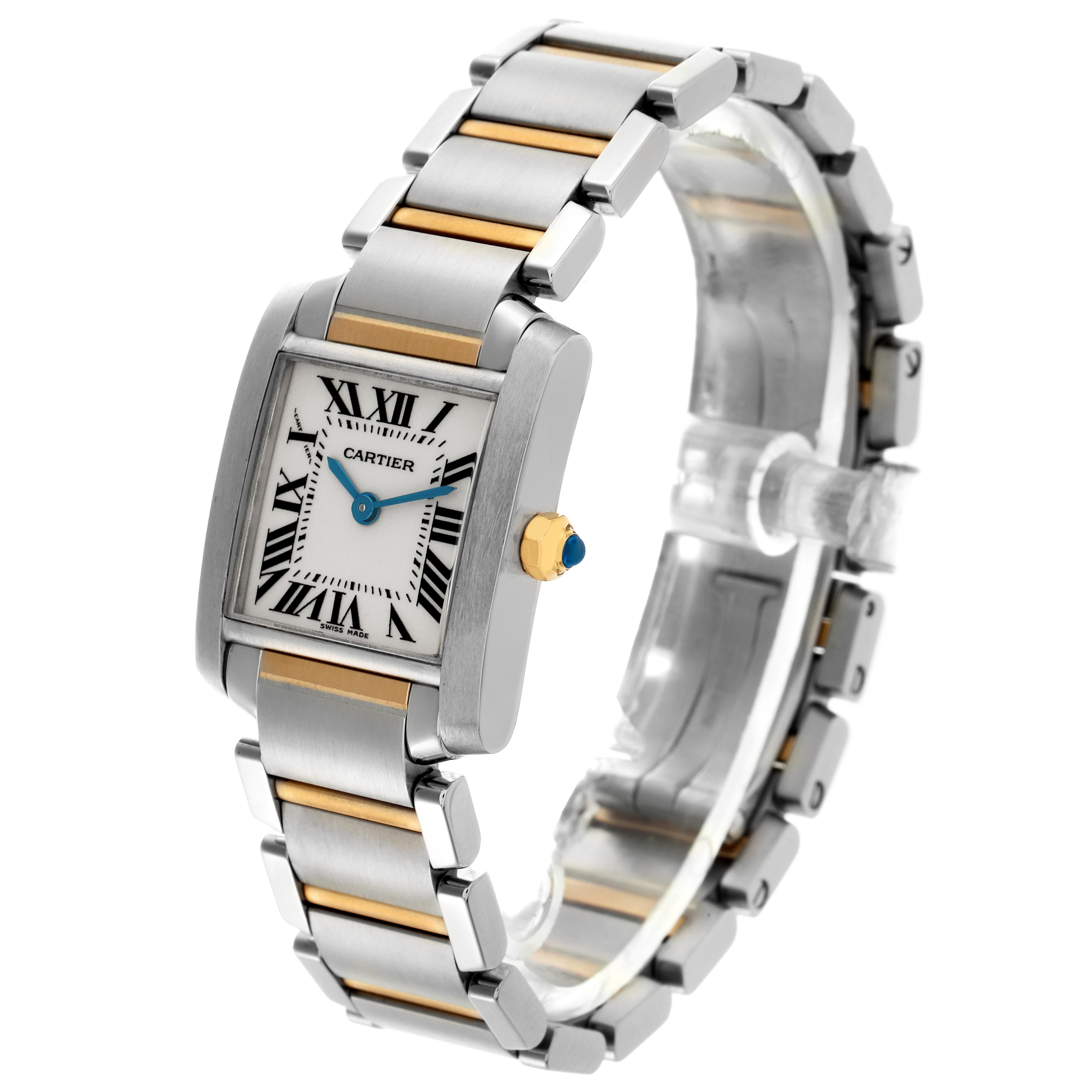 The Cartier Tank Française watch is shown at an oblique angle, highlighting the rectangular case, Roman numerals, and two-tone bracelet.