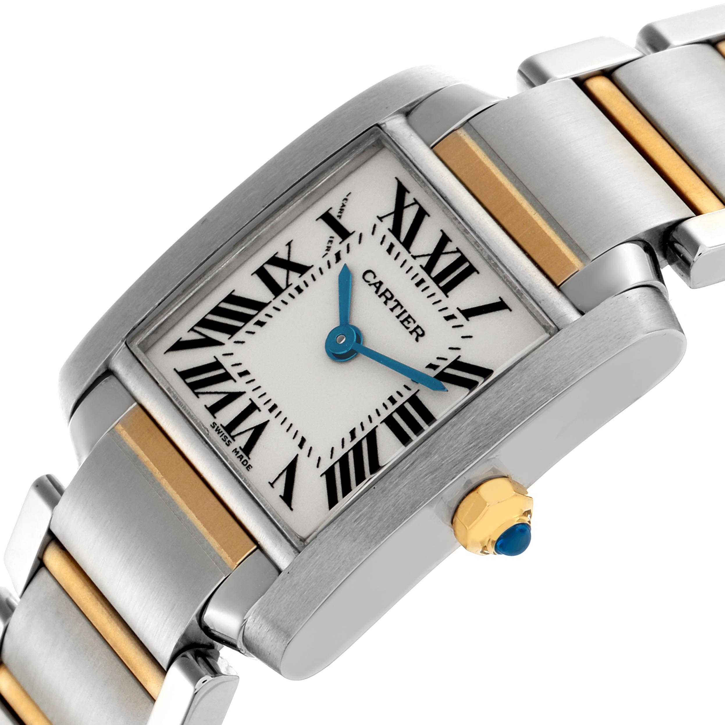 The Cartier Tank Française watch is shown at an angle highlighting the face, crown, and two-tone bracelet.
