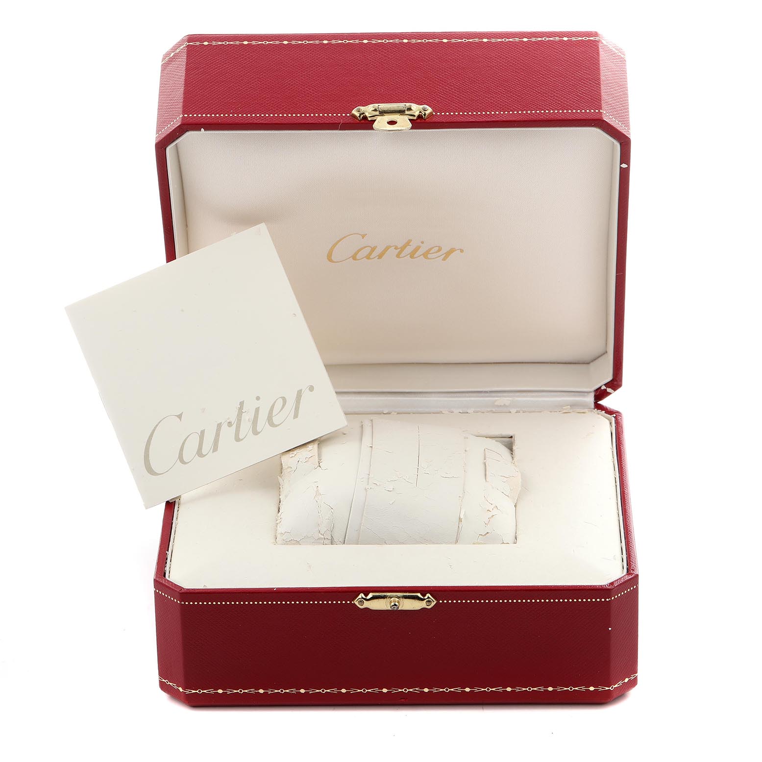 The image shows a Cartier Tank Française box with a pillow inside, viewed from the front and slightly above, with a Cartier booklet.