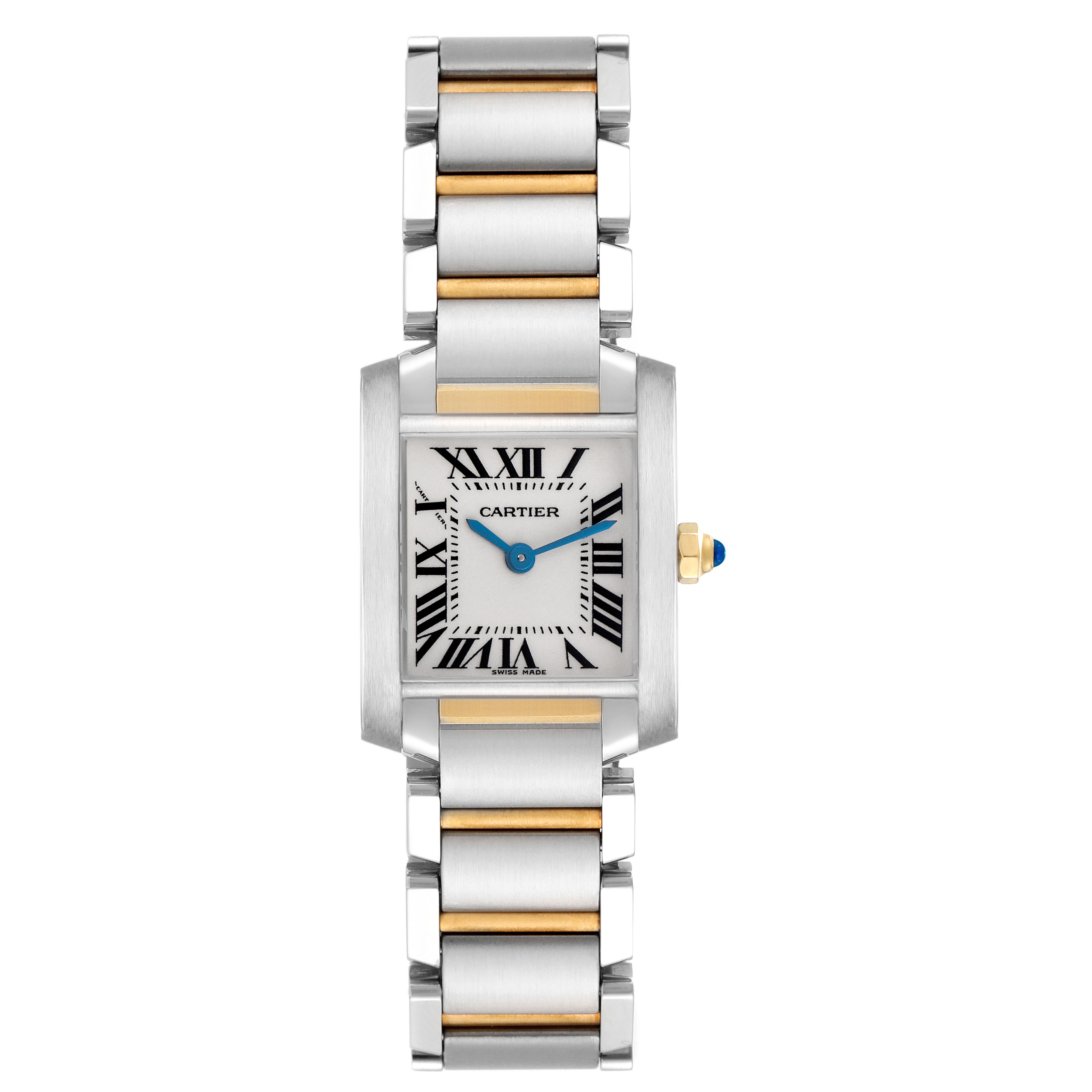 The Cartier Tank Française watch is shown from a front view, highlighting the face and two-tone bracelet.