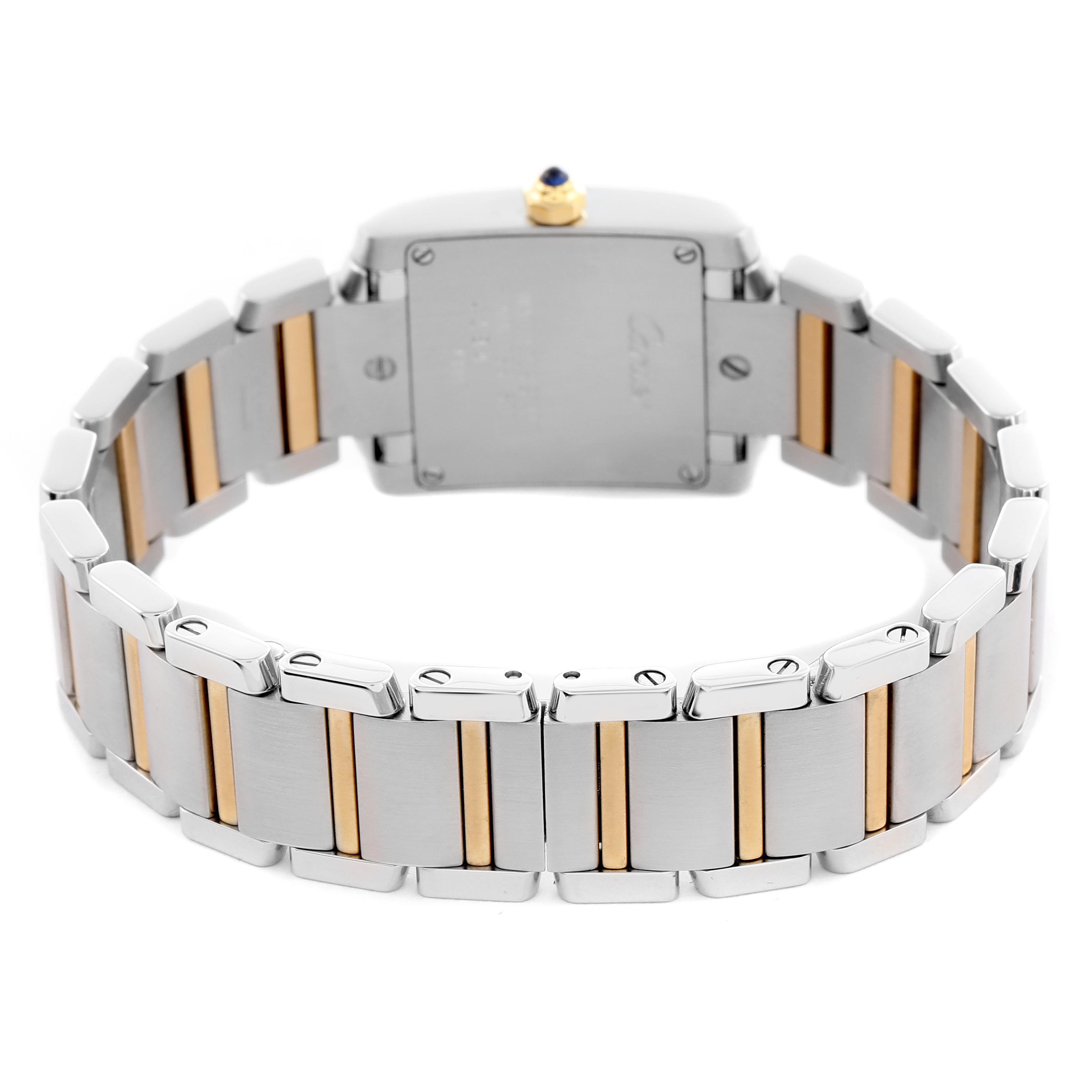 The Cartier Tank Francaise W51007Q4 Women
s Steel and Gold (two tone) Silver Dial W51007Q4 Women
s Steel and Gold (two tone) Silver Dial watch is shown from the rear angle, highlighting its case back and two-tone metal bracelet.