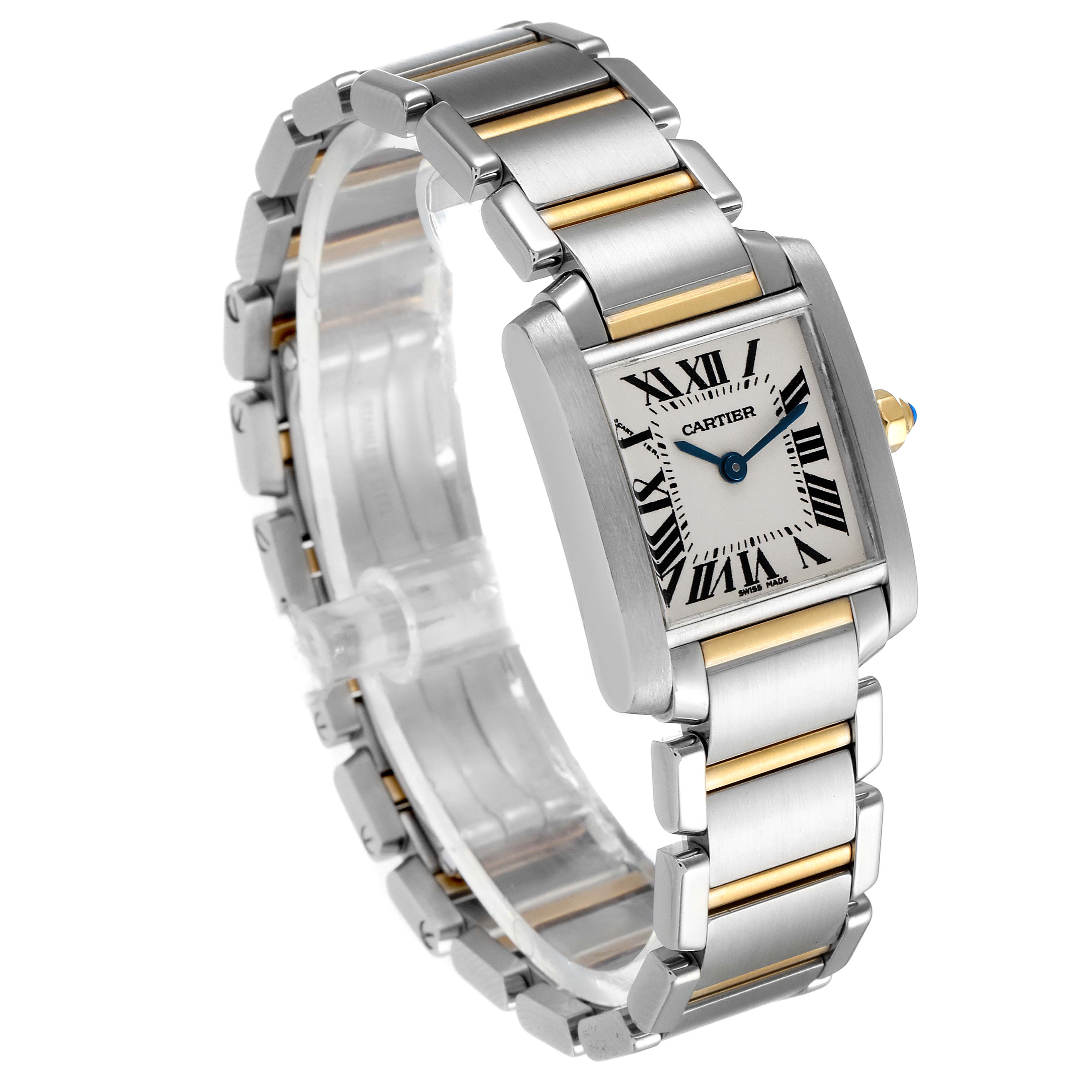 The Cartier Tank Francaise W51007Q4 Women's Steel and Gold (two tone) Silver Dial W51007Q4 Women's Steel and Gold (two tone) Silver Dial watch is shown from a slight right angle, highlighting its rectangular dial and two-tone metal bracelet.