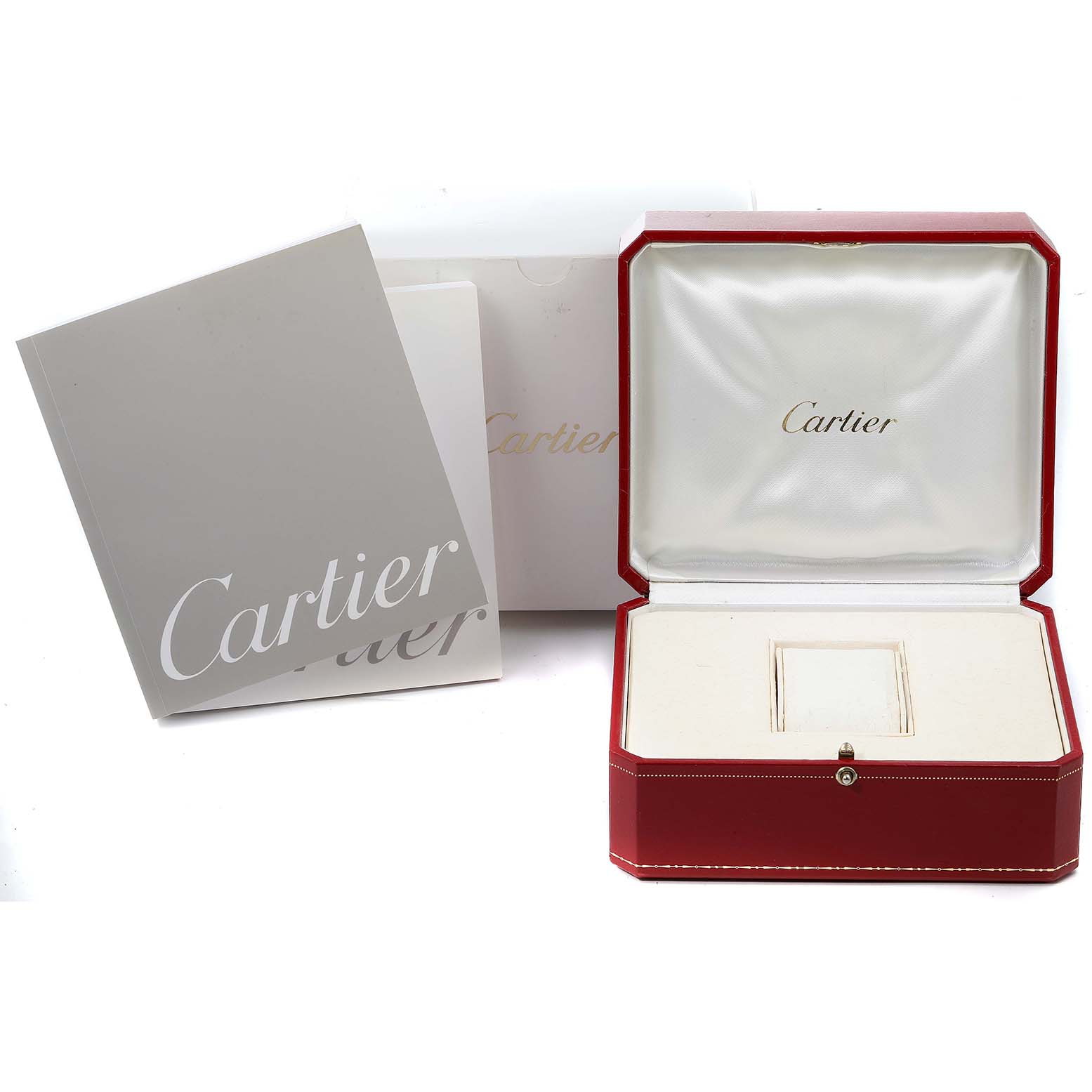 The image shows the packaging and presentation box for the Cartier Tank Française watch, including the outer box and display case.