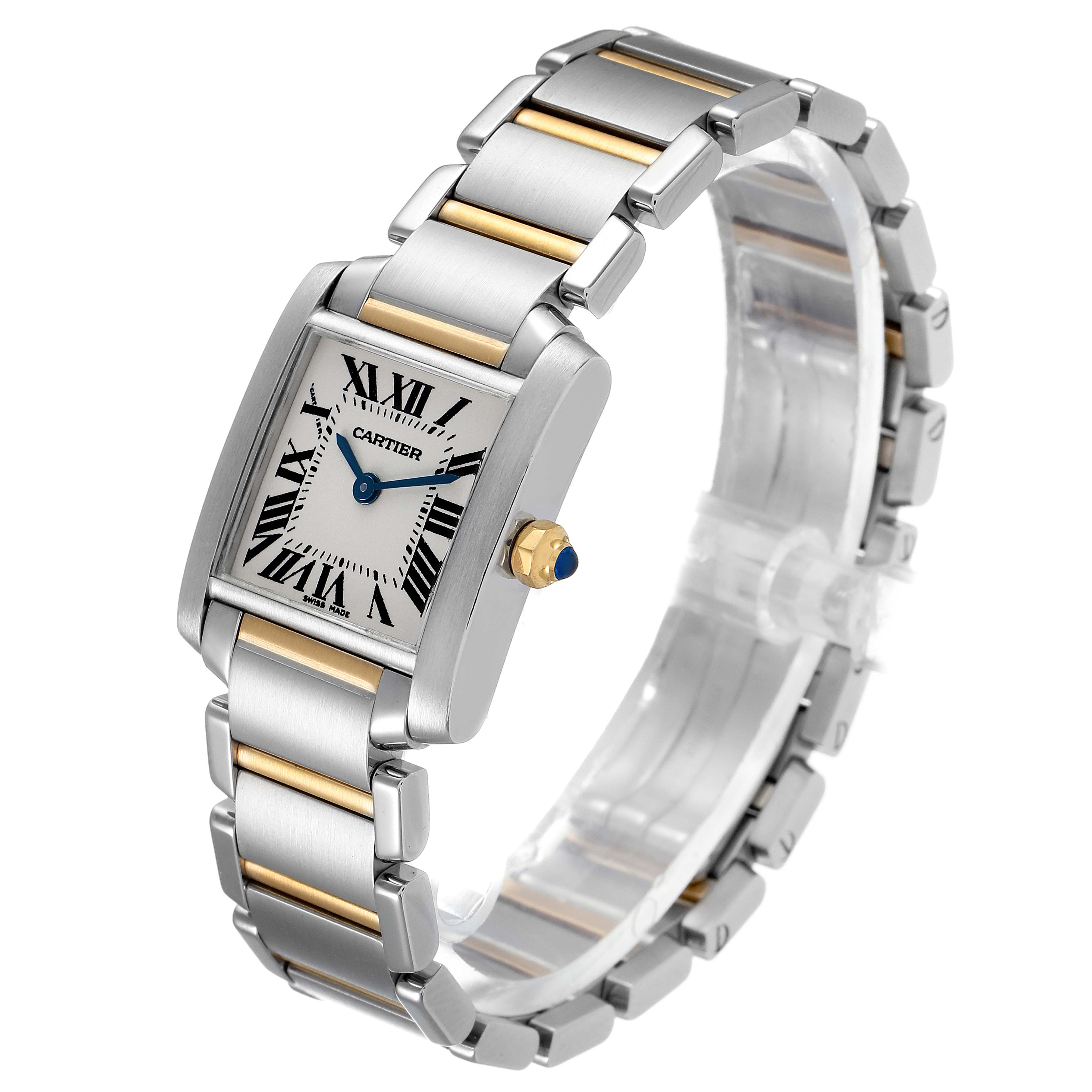 This image shows the Cartier Tank Francaise W51007Q4 Women's Steel and Gold (two tone) Silver Dial W51007Q4 Women's Steel and Gold (two tone) Silver Dial watch at an angled view highlighting the face, bezel, and metal bracelet.